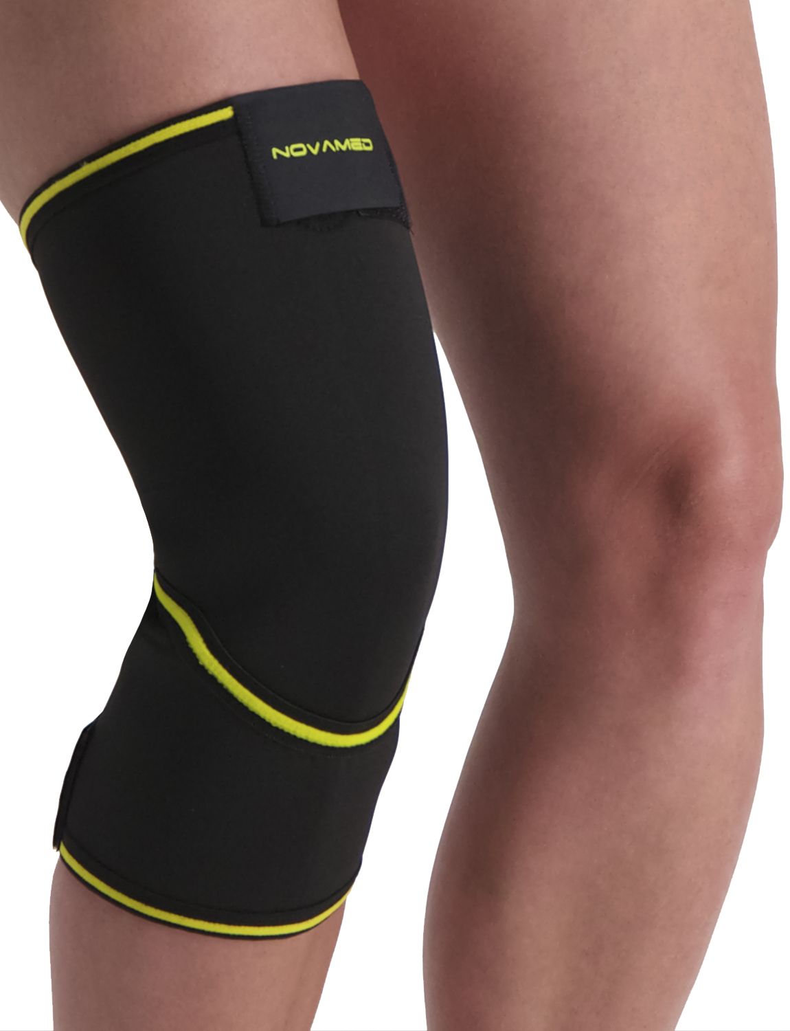 Oblique view of model wearing the Novamed Closed Patella Knee Support around the right knee