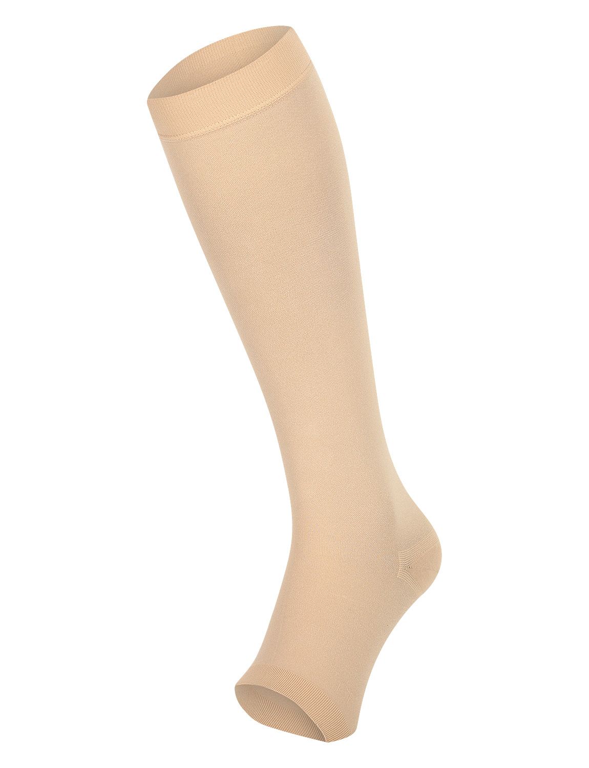 Side front view of the Dunimed premium comfort compression stockings open toe pressure class 3 in beige