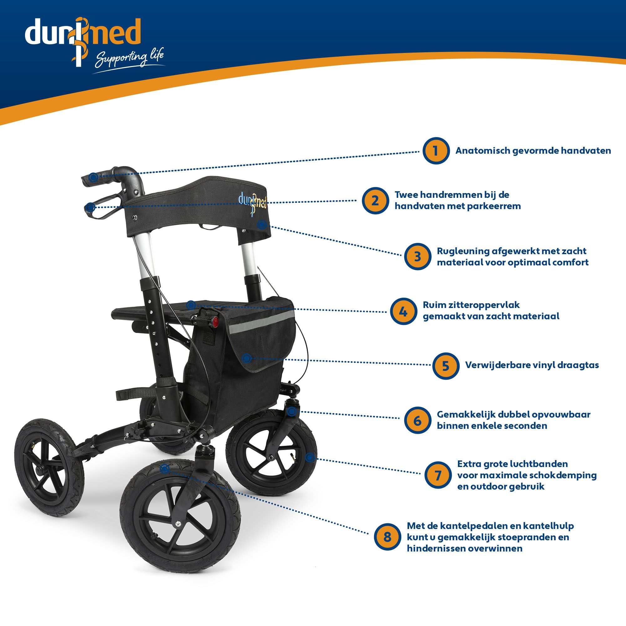 Dunimed Outdoor Rollator mit großen Luftreifen USP's