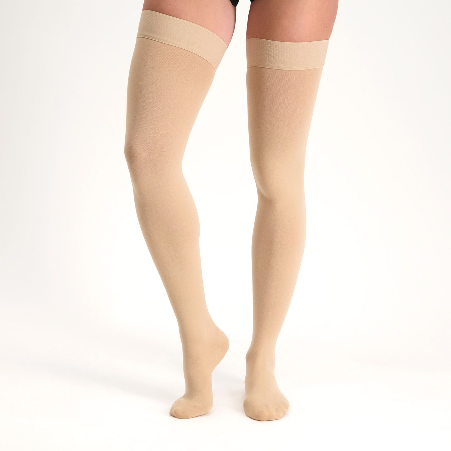 dunimed premium comfort compression stockings groin length closed toe worn by model with legs open