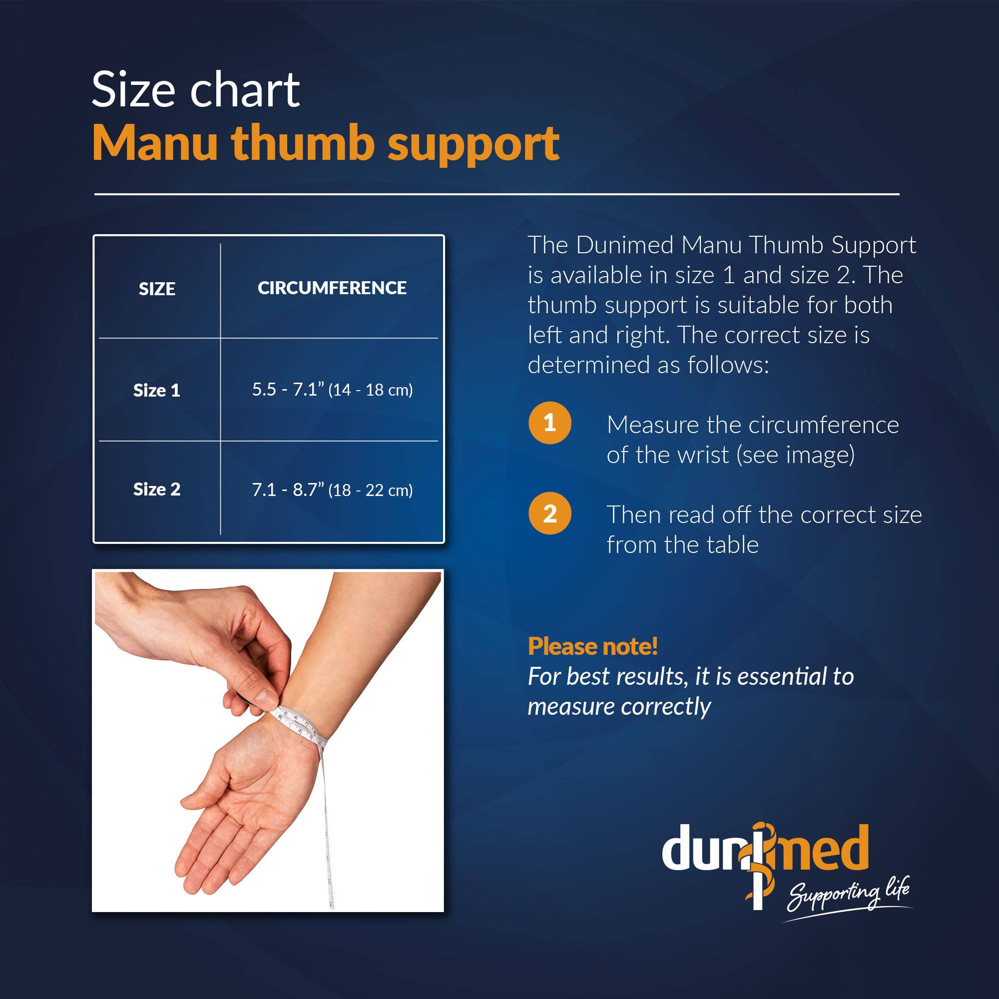 Size chart Dunimed Manu Thumb Support