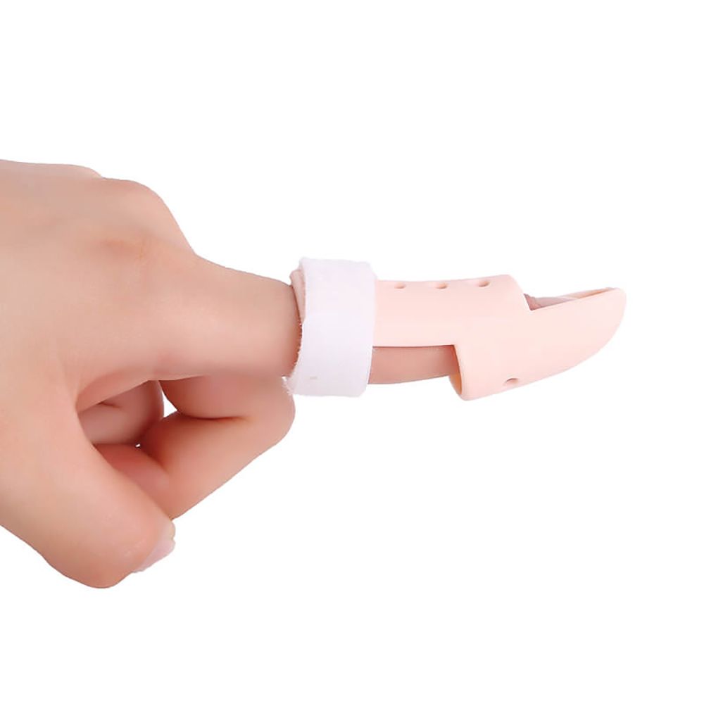 Dunimed Mallet finger Splint worn around left index finger pictured from the side