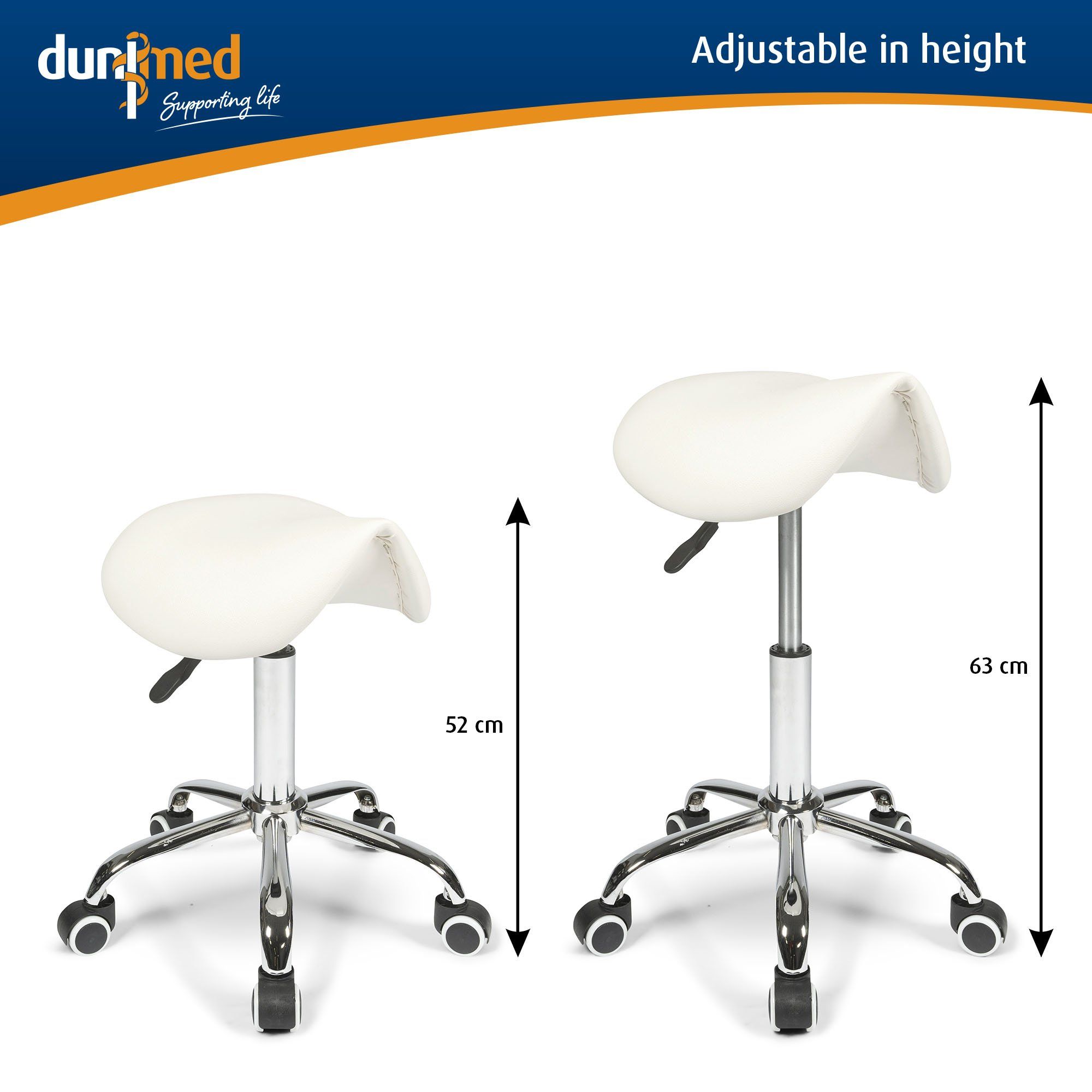 Minimum and maximum height of the Dunimed Ergonomic Saddle Stool - White