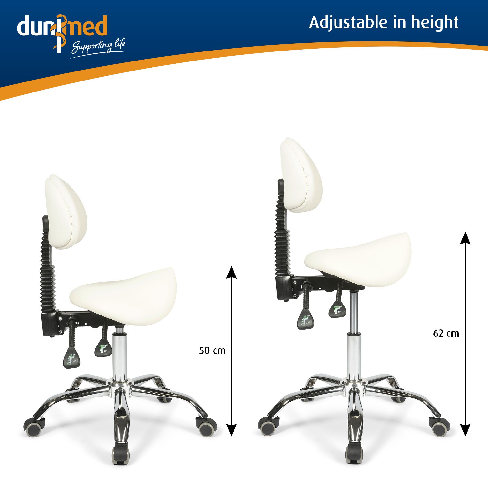 Minimum and maximum height of the Dunimed - Ergonomic Saddle Stool with Backrest - White