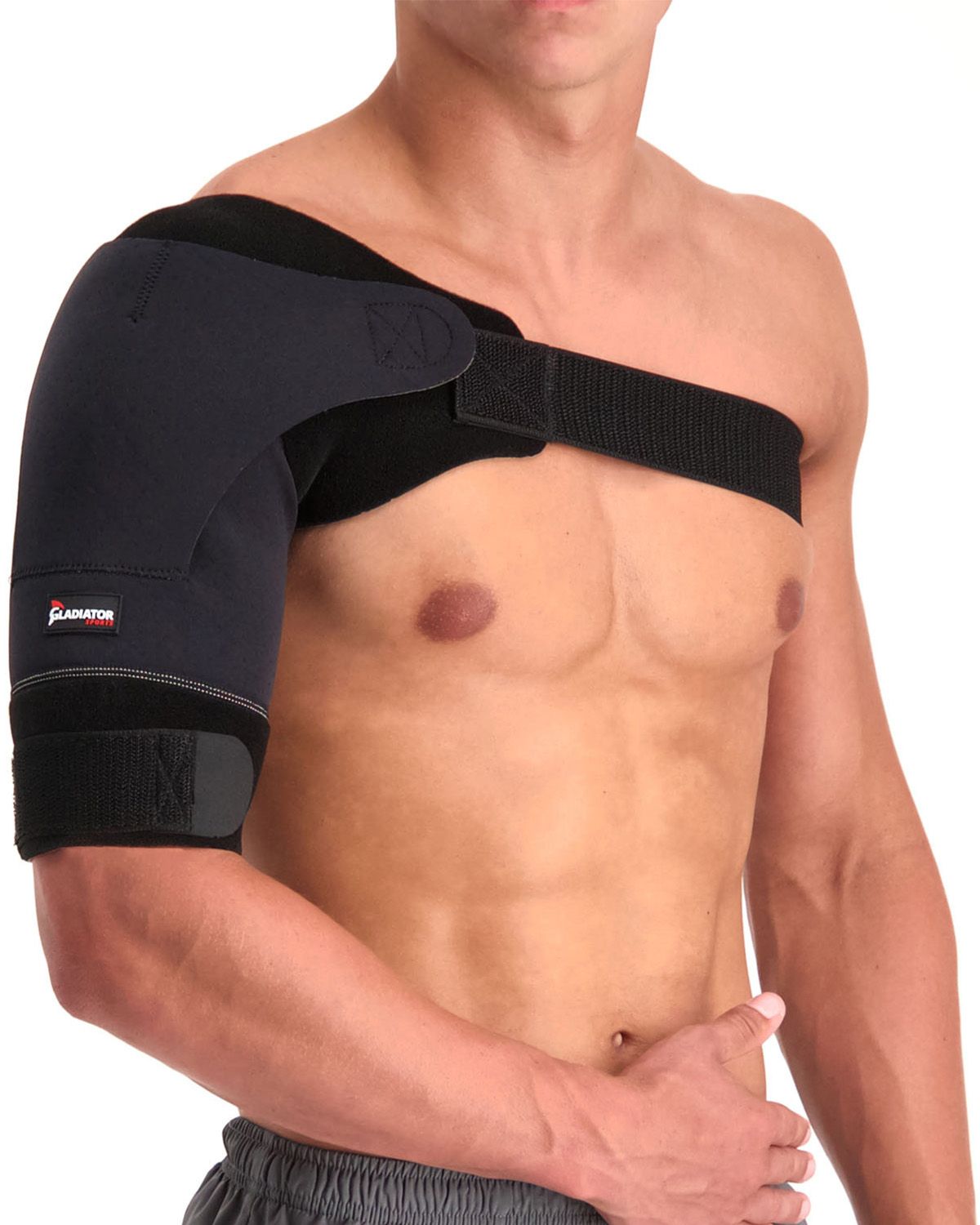 gladiator sports premium lightweight shoulder support worn by model around the right shoulder with the arm over his side