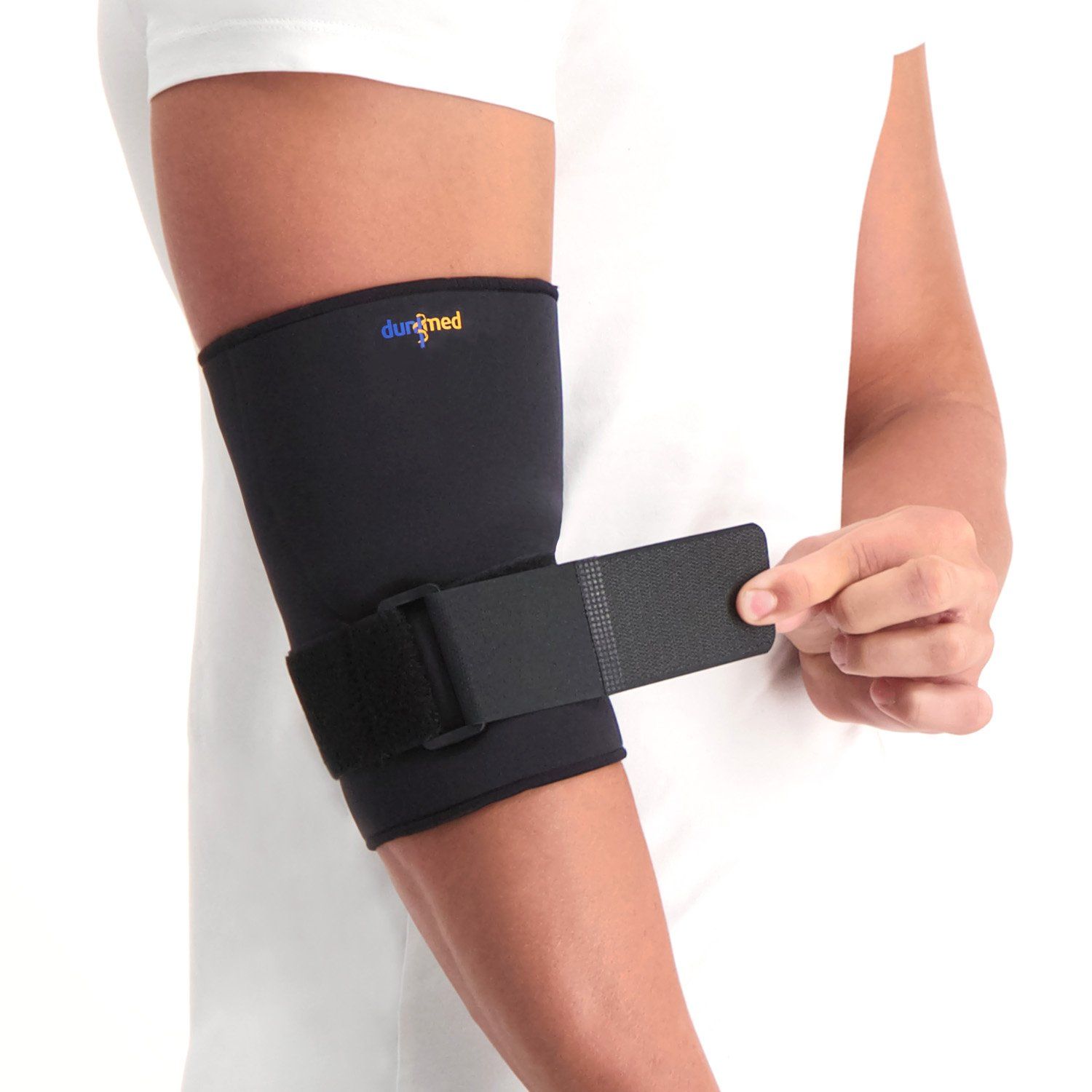 model that fastens the adjustable strap of the dunimed elbow support