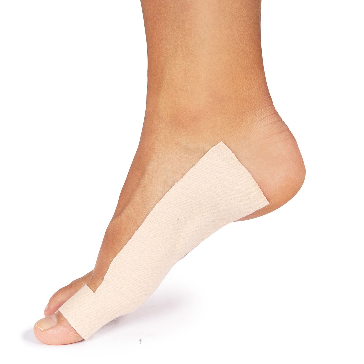 foot of the model wearing the tape inside of the foot shown with the solelution hallux valgus t shape tape