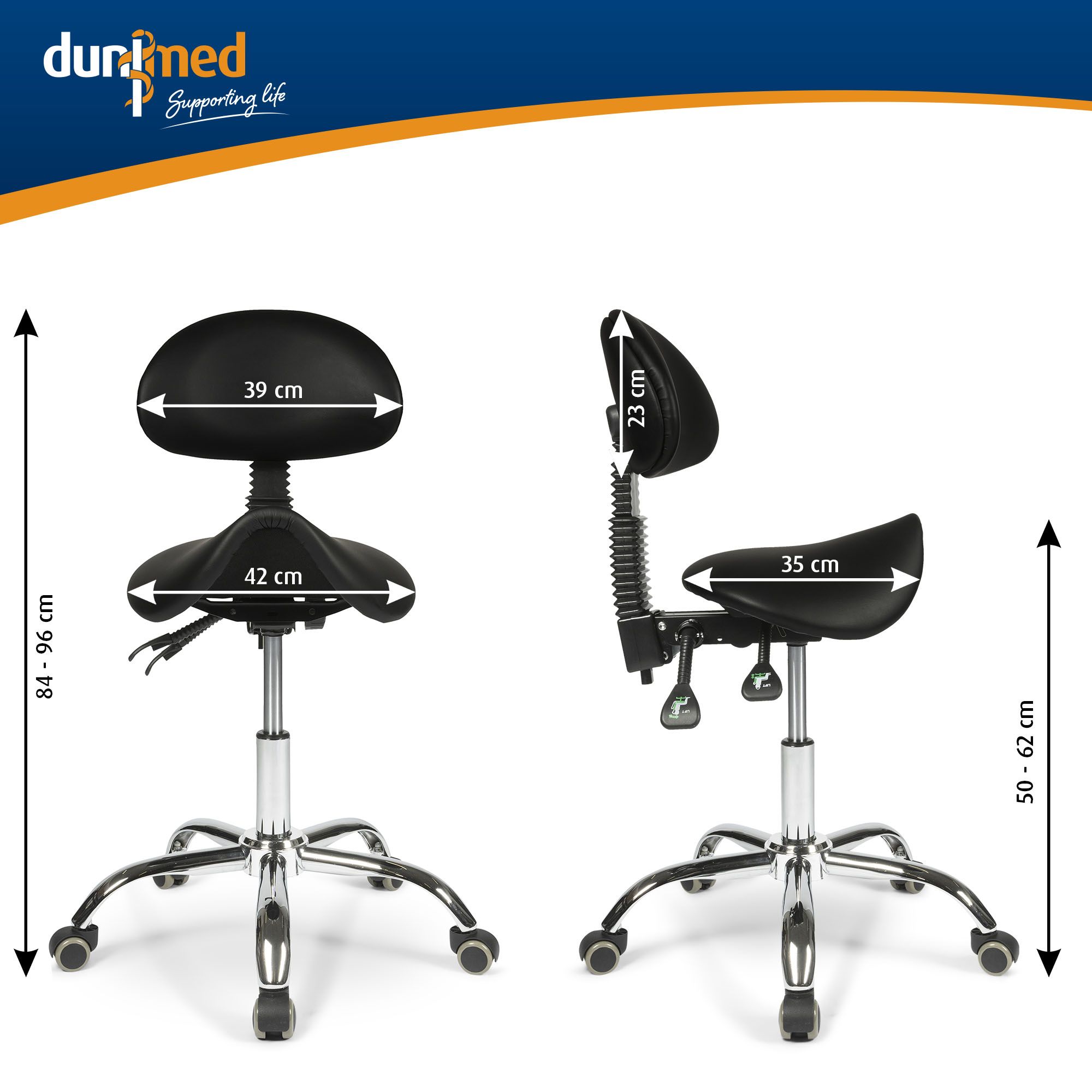 Front and side view of the Dunimed ergonomic saddle stool with backrest showing all dimensions of the stool 