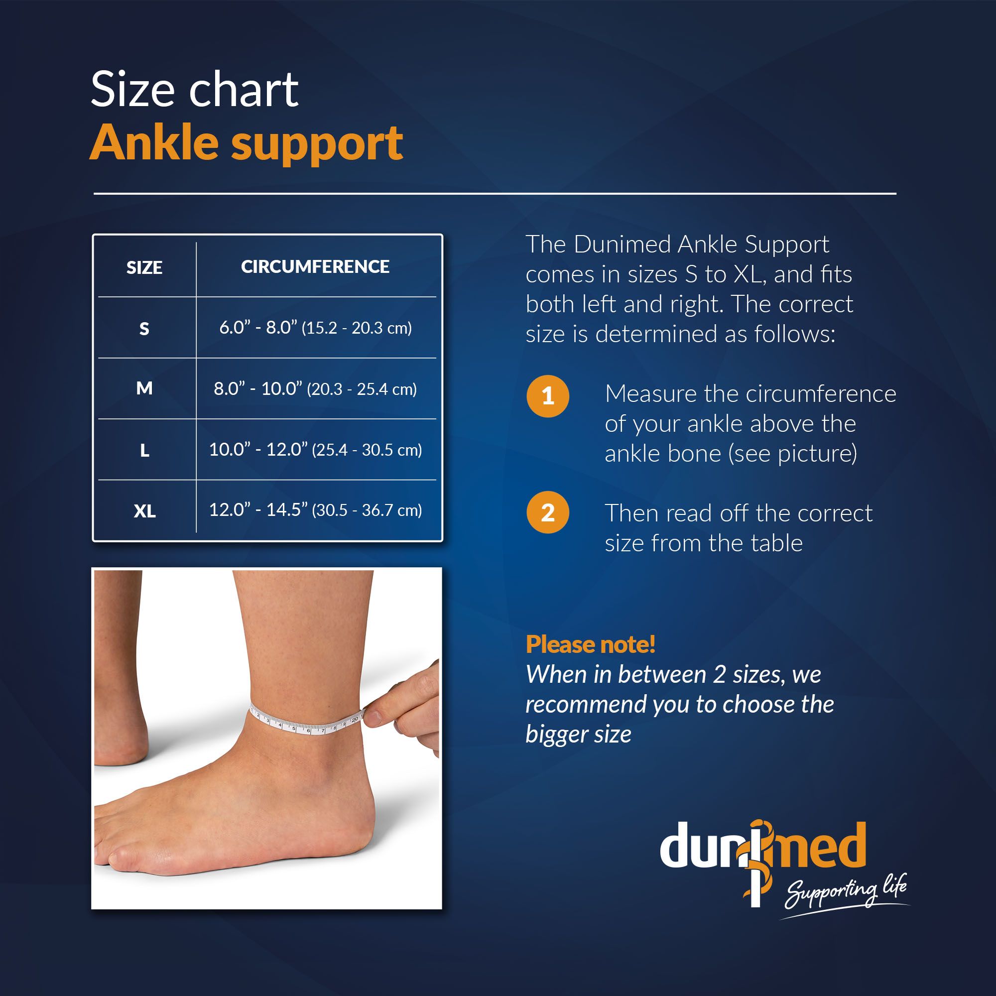 Size chart Dunimed Ankle Support
