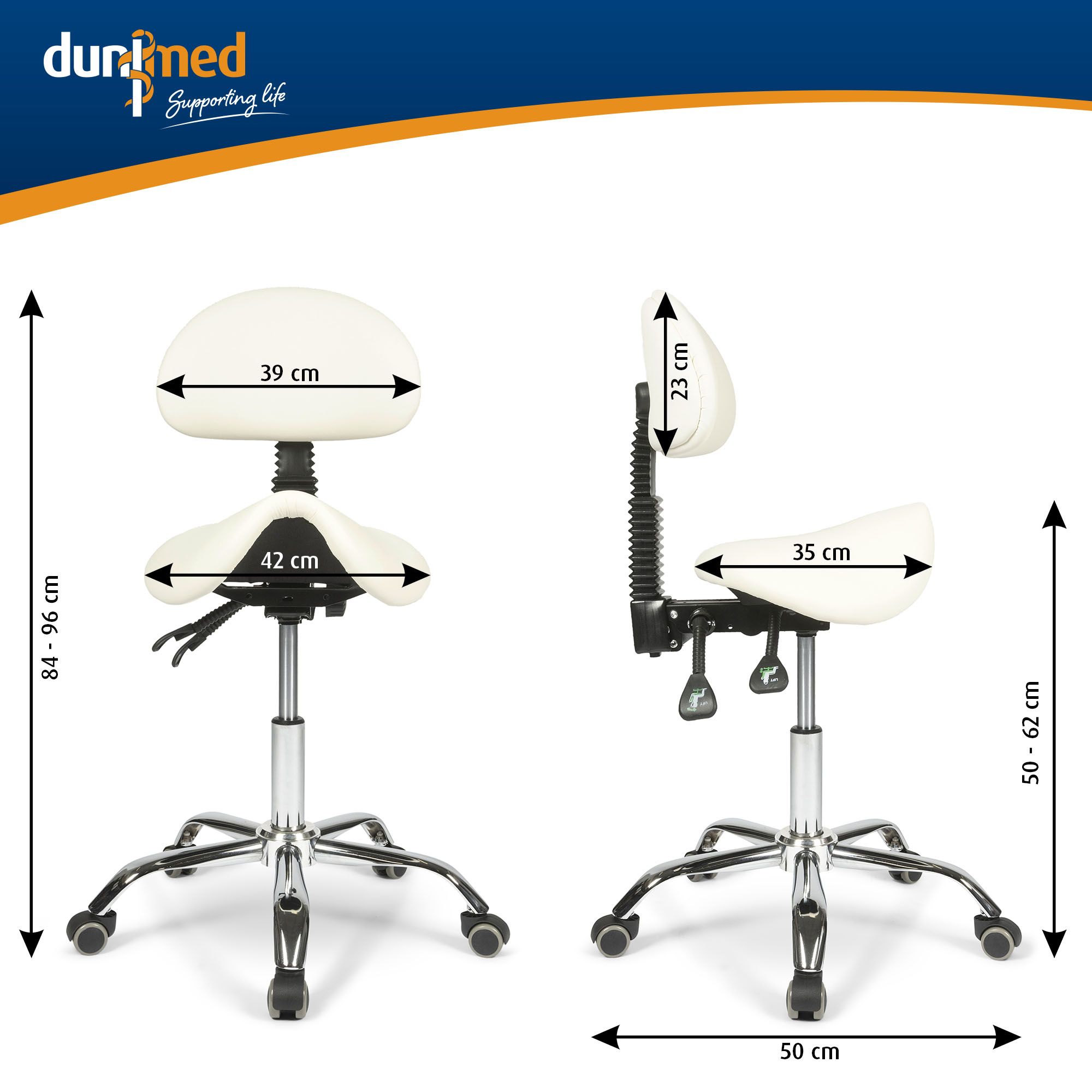 All dimensions of the Dunimed - Ergonomic Saddle Stool with Backrest - White