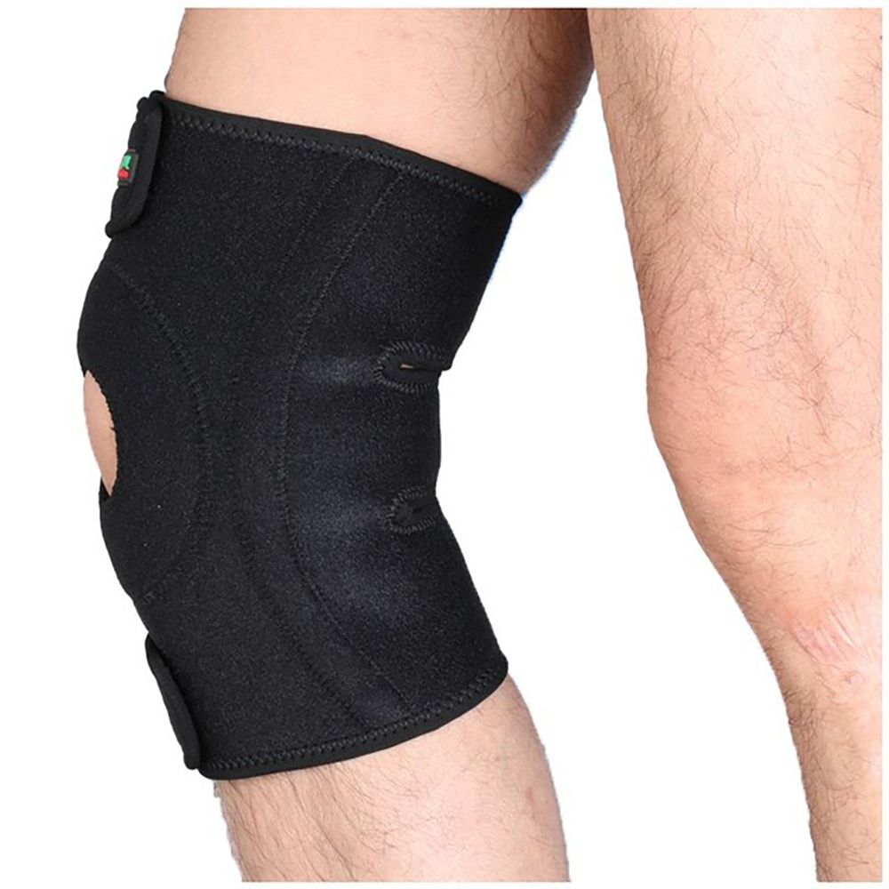 Side view of model wearing the Medidu Knee Support Wrap around the right knee