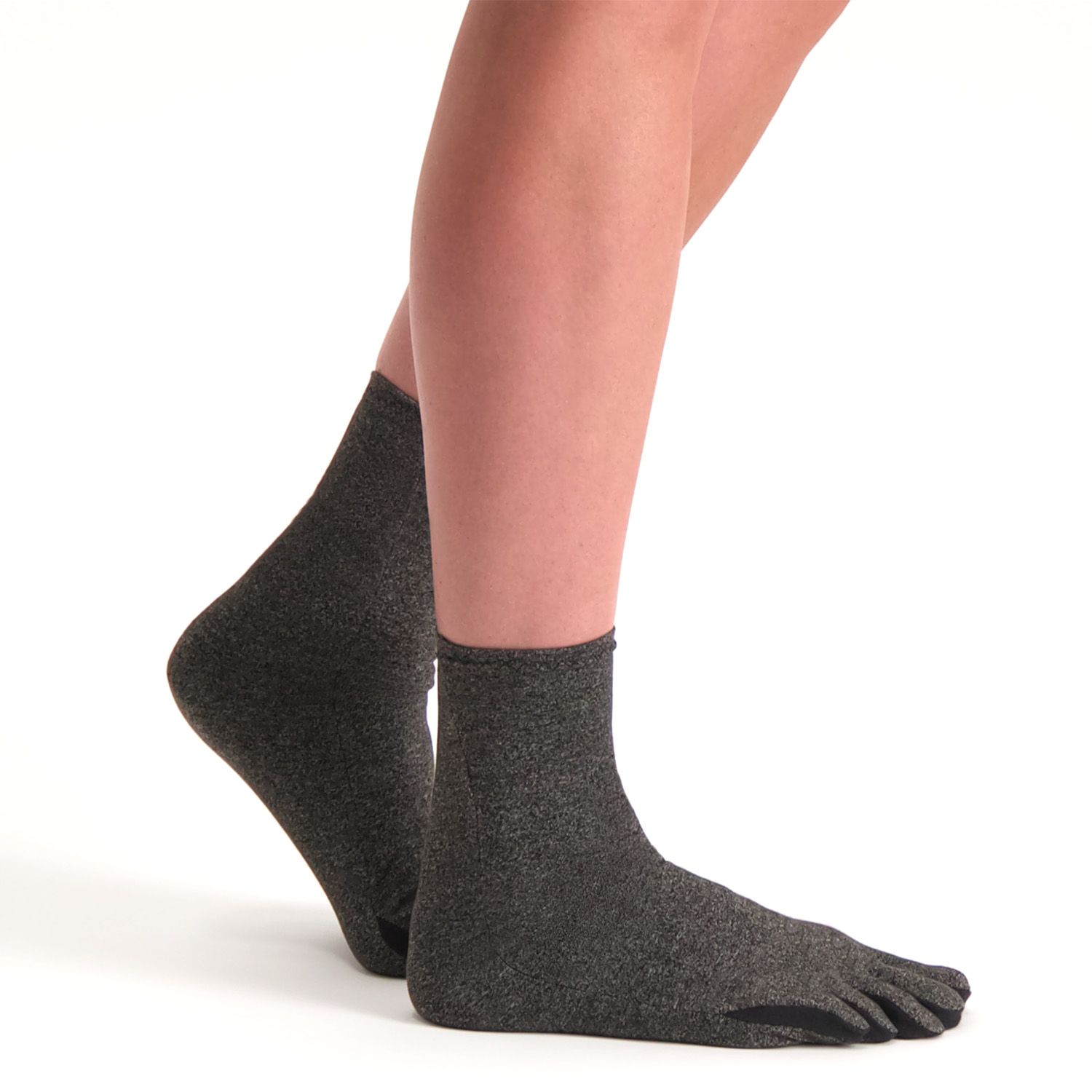 Side view of the Dunimed rheumatoid arthritis osteoarthritis socks worn while standing