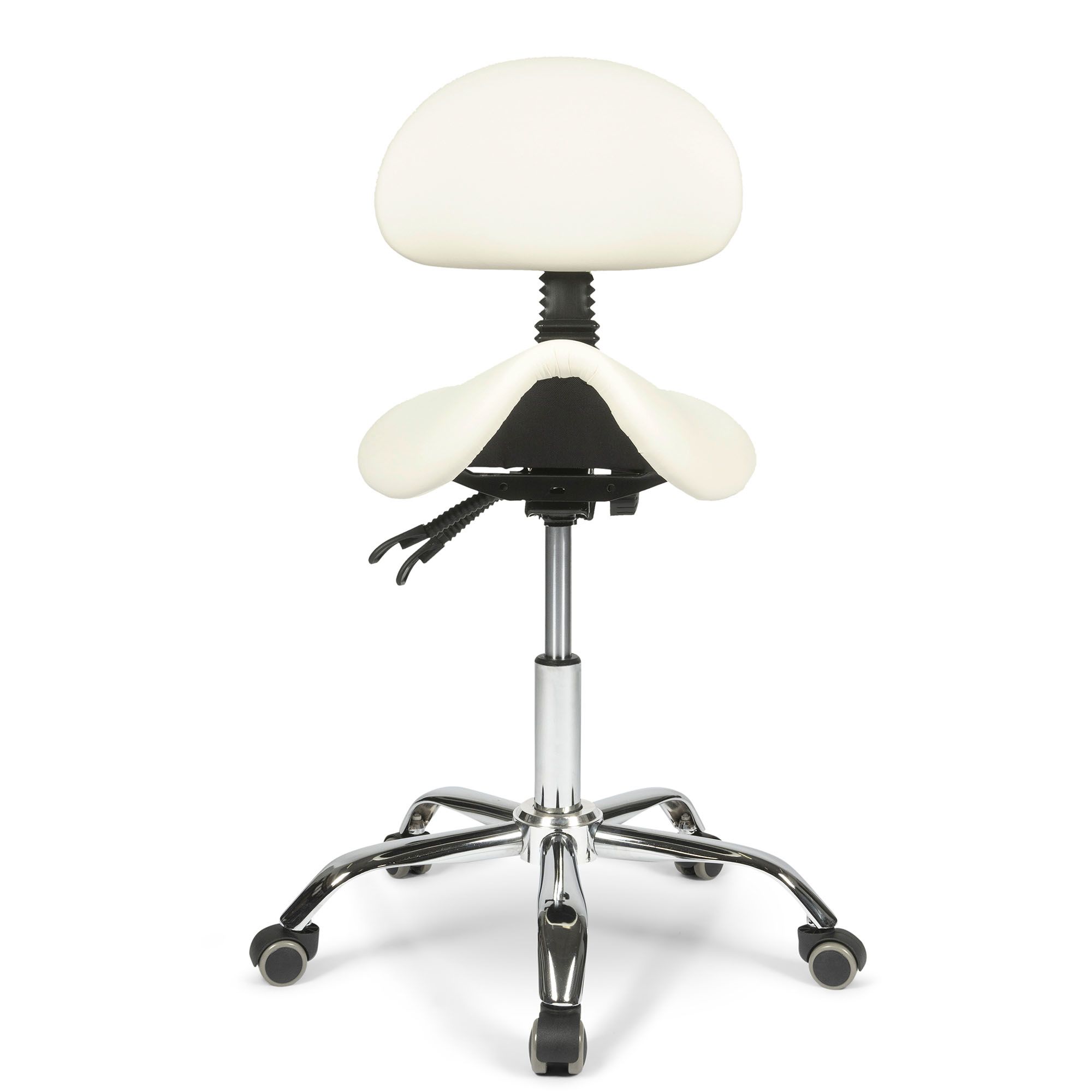 Front view of the Dunimed - Ergonomic Saddle Stool with Backrest - White