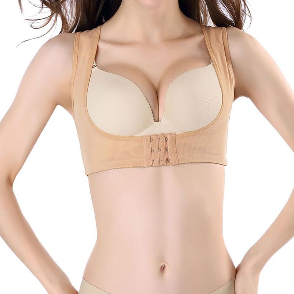 Front view of the Dunimed Posture Corrector / Back Straightener - Women's in beige being worn by model