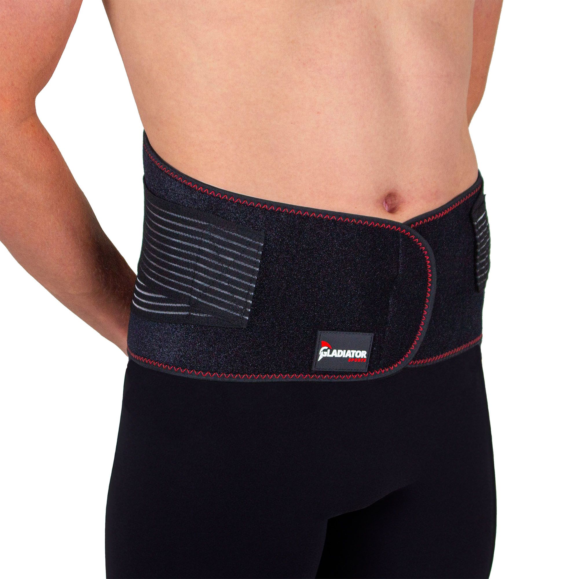 gladiator sports back support with busks worn by model front view