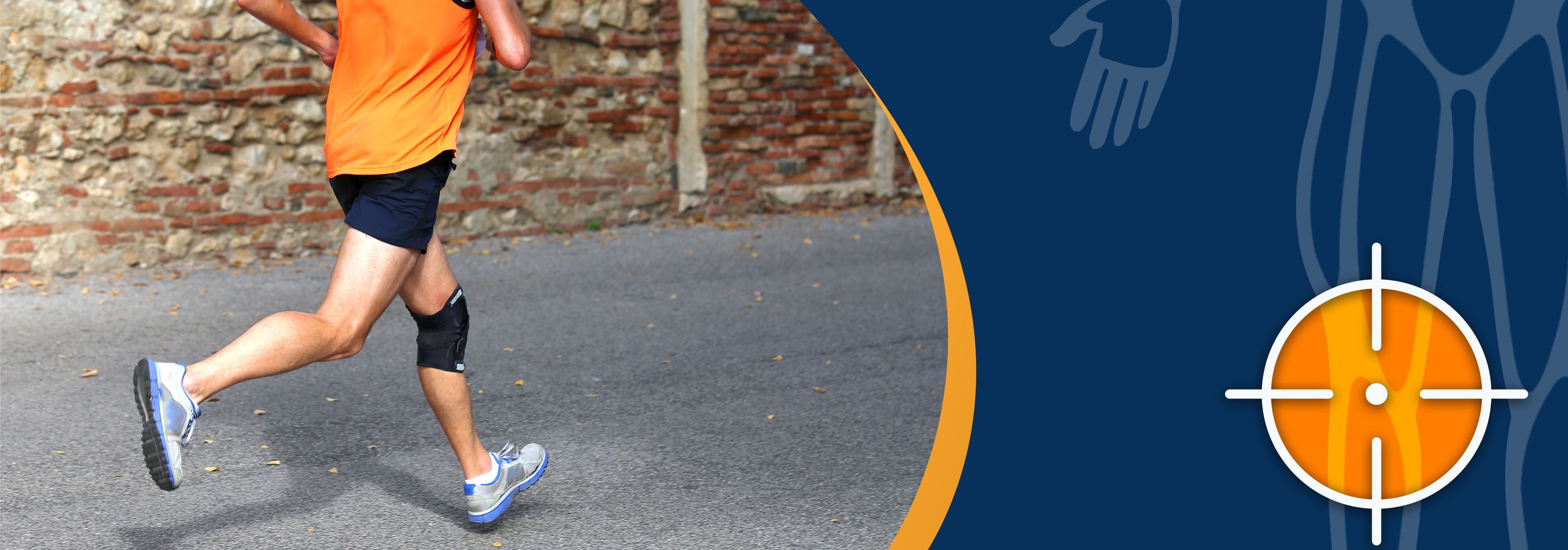 A man running with knee pain with a knee support