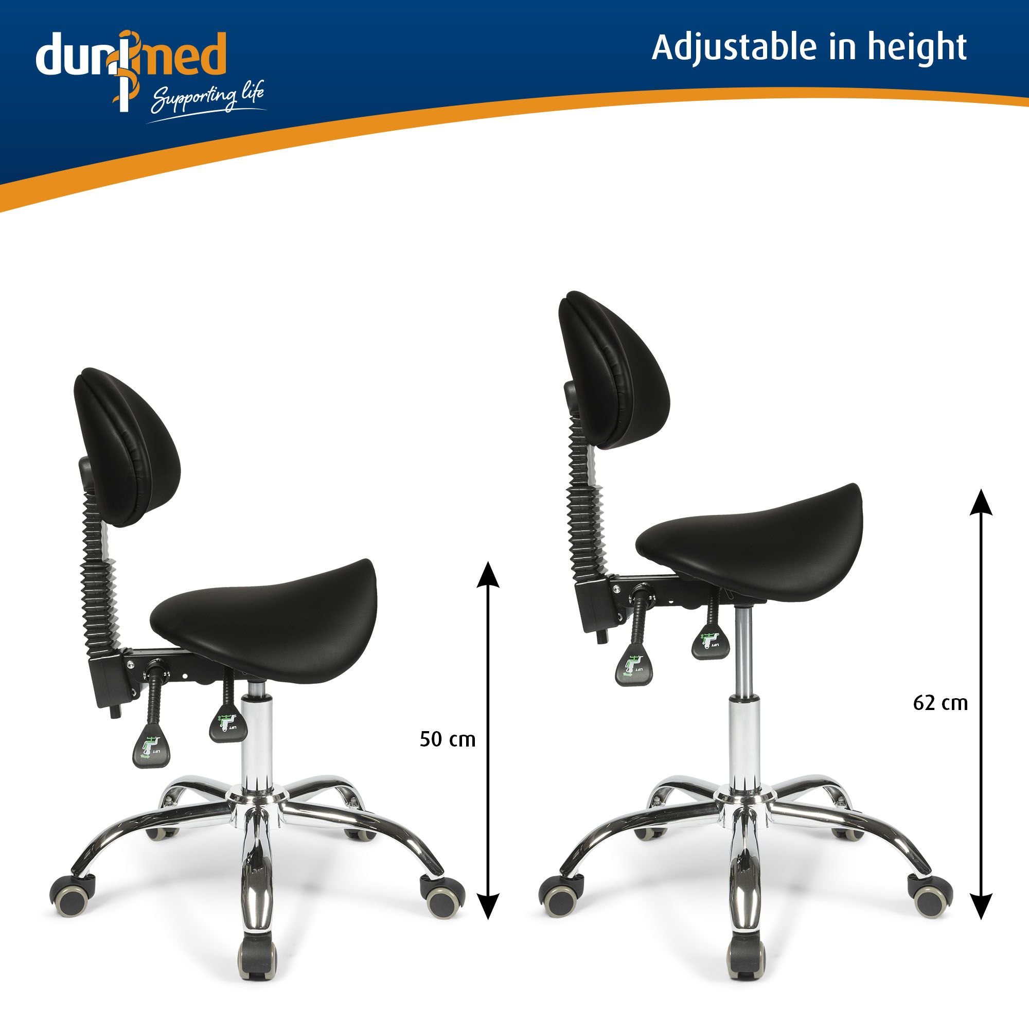 Side view of the Dunimed ergonomic saddle stool with backrest showing the possible height adjustment