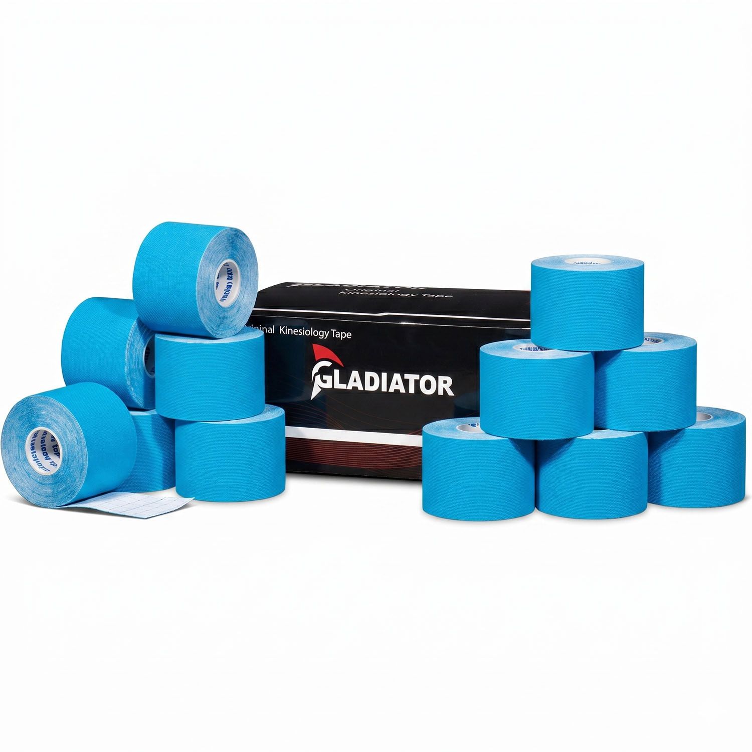 Box of the Gladiator sports kinesiology tape with twelve rolls in blue