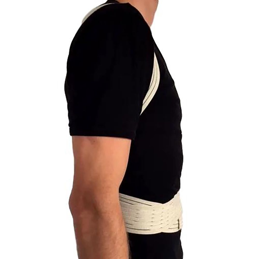 Side view of model wearing the Novamed Ventilating Back Straightener / Posture Corrector over a black shirt