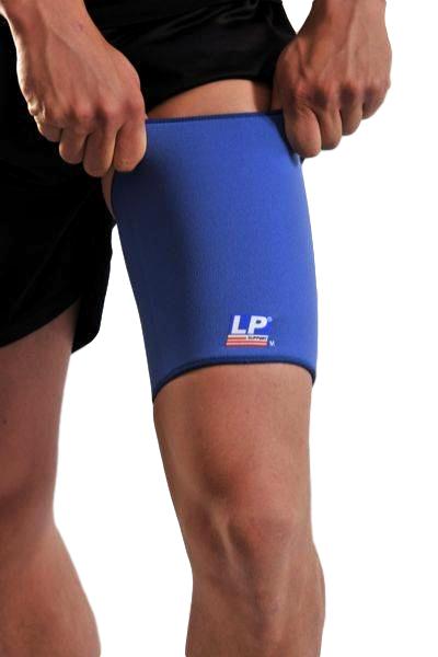 LP Support Thigh Compression Sleeve worn around the left upper leg being pulled up by model