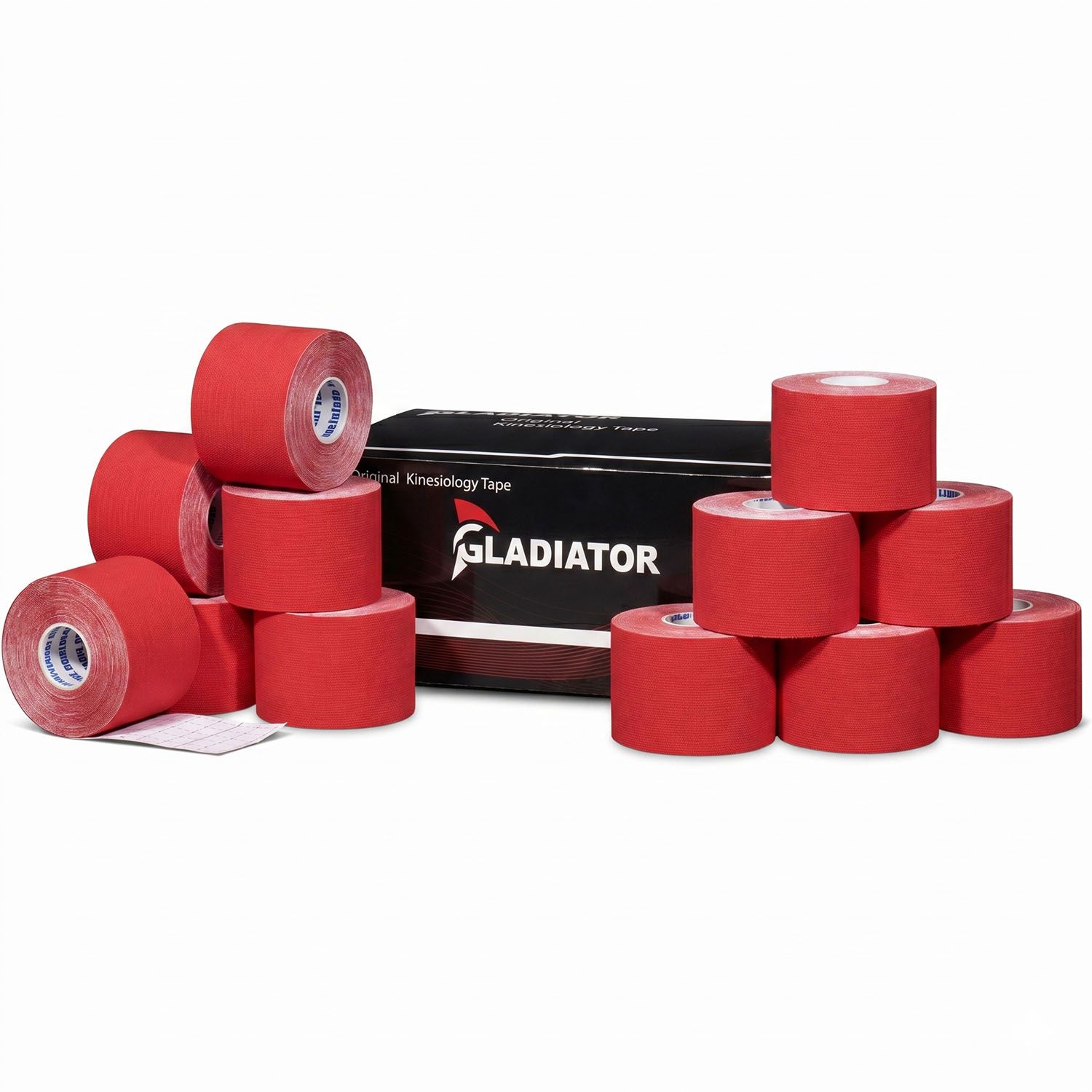 Box of the Gladiator sports kinesiology tape with twelve rolls in red