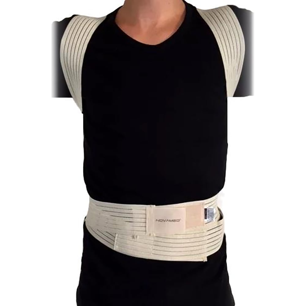 Front view of model wearing the Novamed Ventilating Back Straightener / Posture Corrector over a black shirt