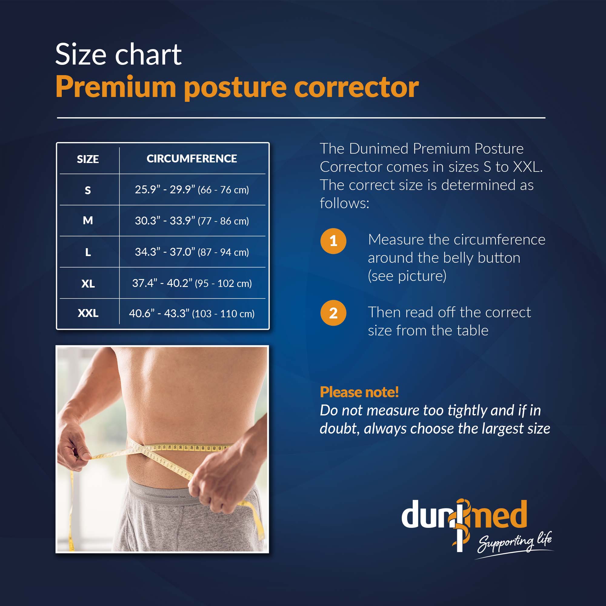 Size chart Dunimed Posture Corrector