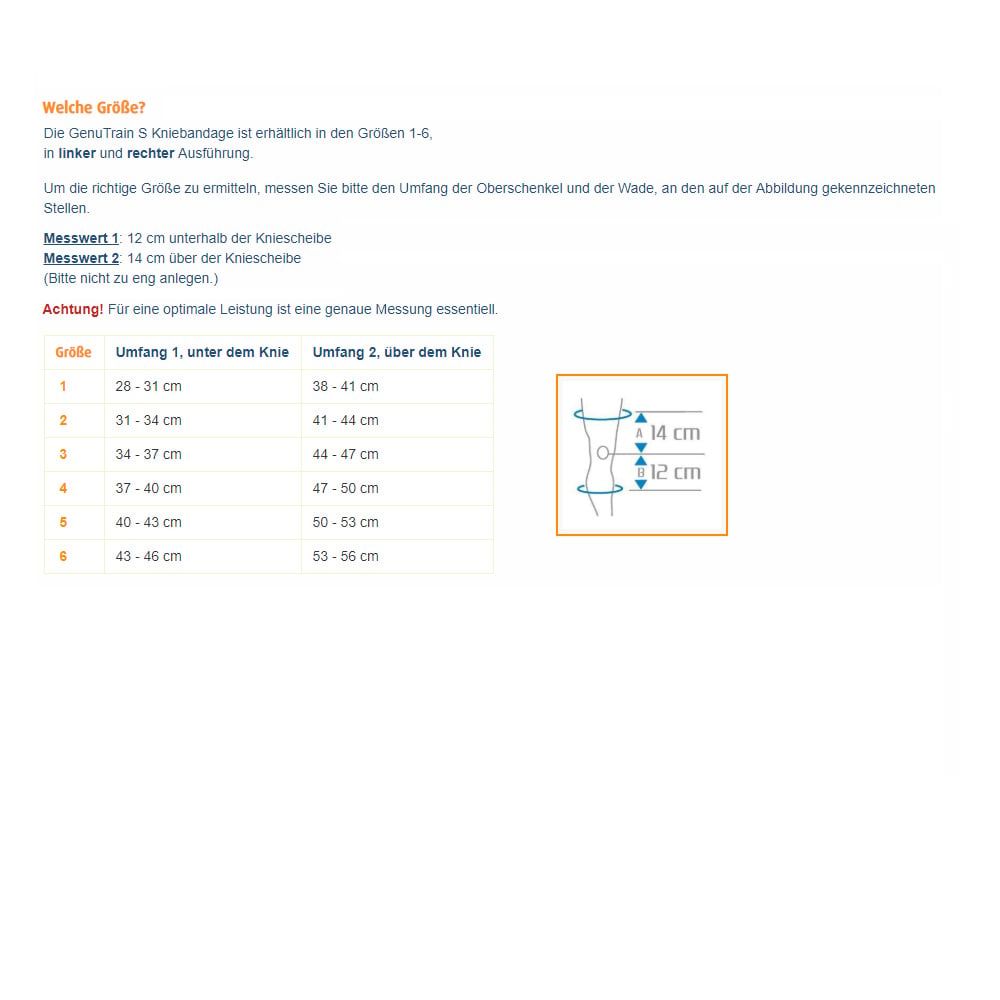 Größentabelle Bauerfeind GenuTrain S Kniebandage
