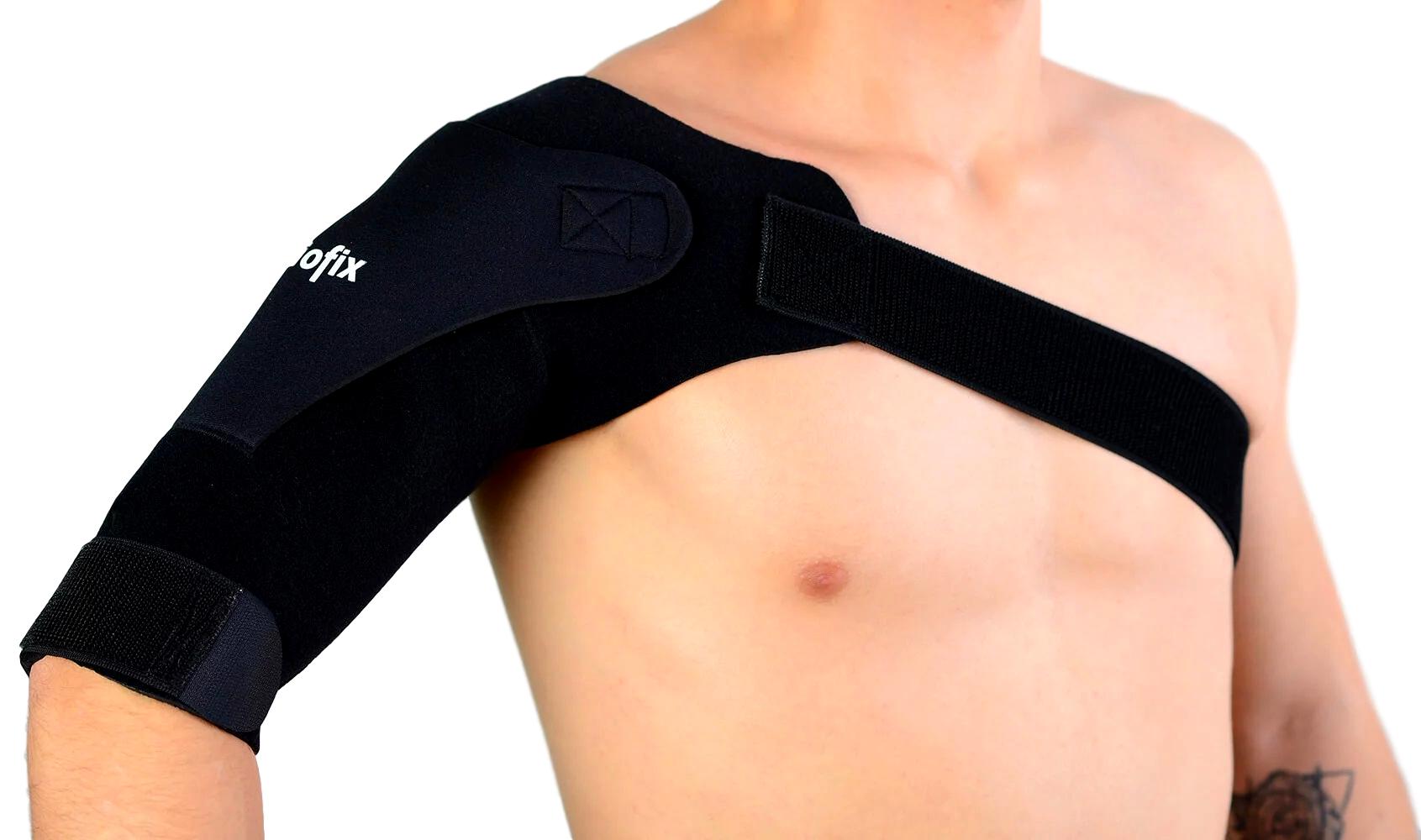 Front view of model wearing the Viofix Lightweight Shoulder Support around right shoulder