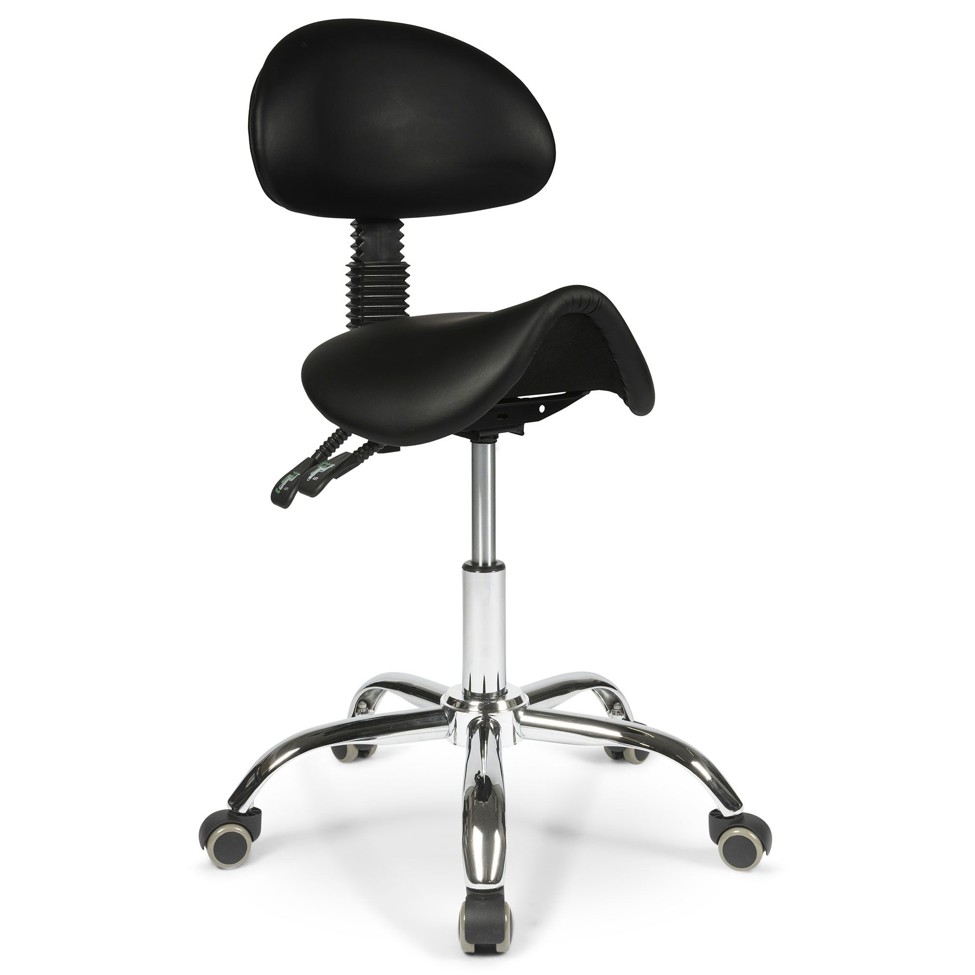 Front side view of the dunimed ergonomic saddle stool with backrest in black