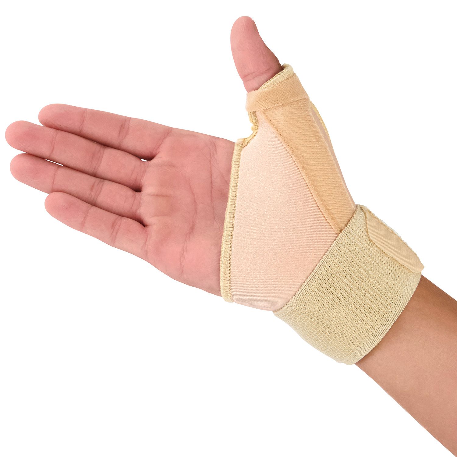 Medidu Thumb / Wrist Support in Beige worn around the left wrist