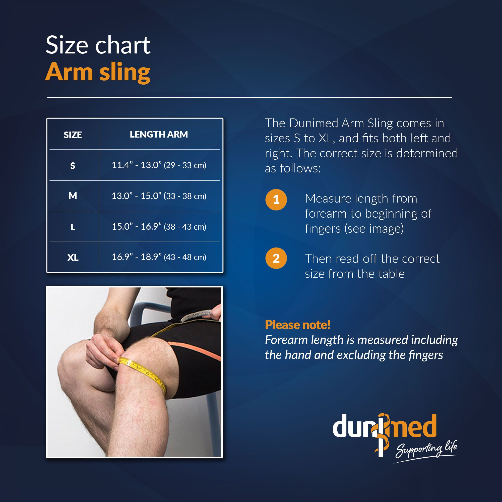 Size chart Dunimed Arm Sling