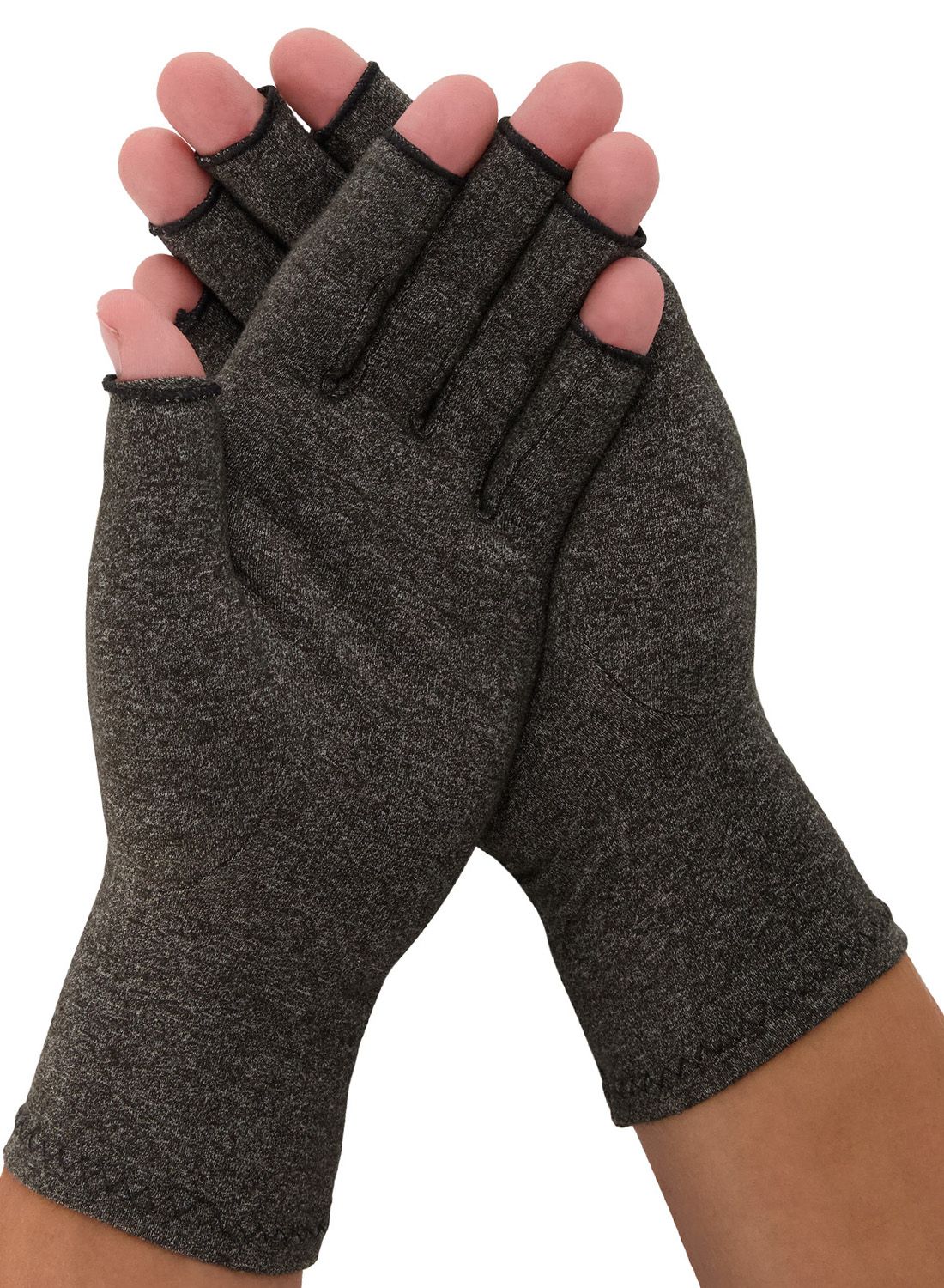 Model wearing the Medidu Osteoarthritis / Rheumatoid Arthritis Gloves Grey around both hands