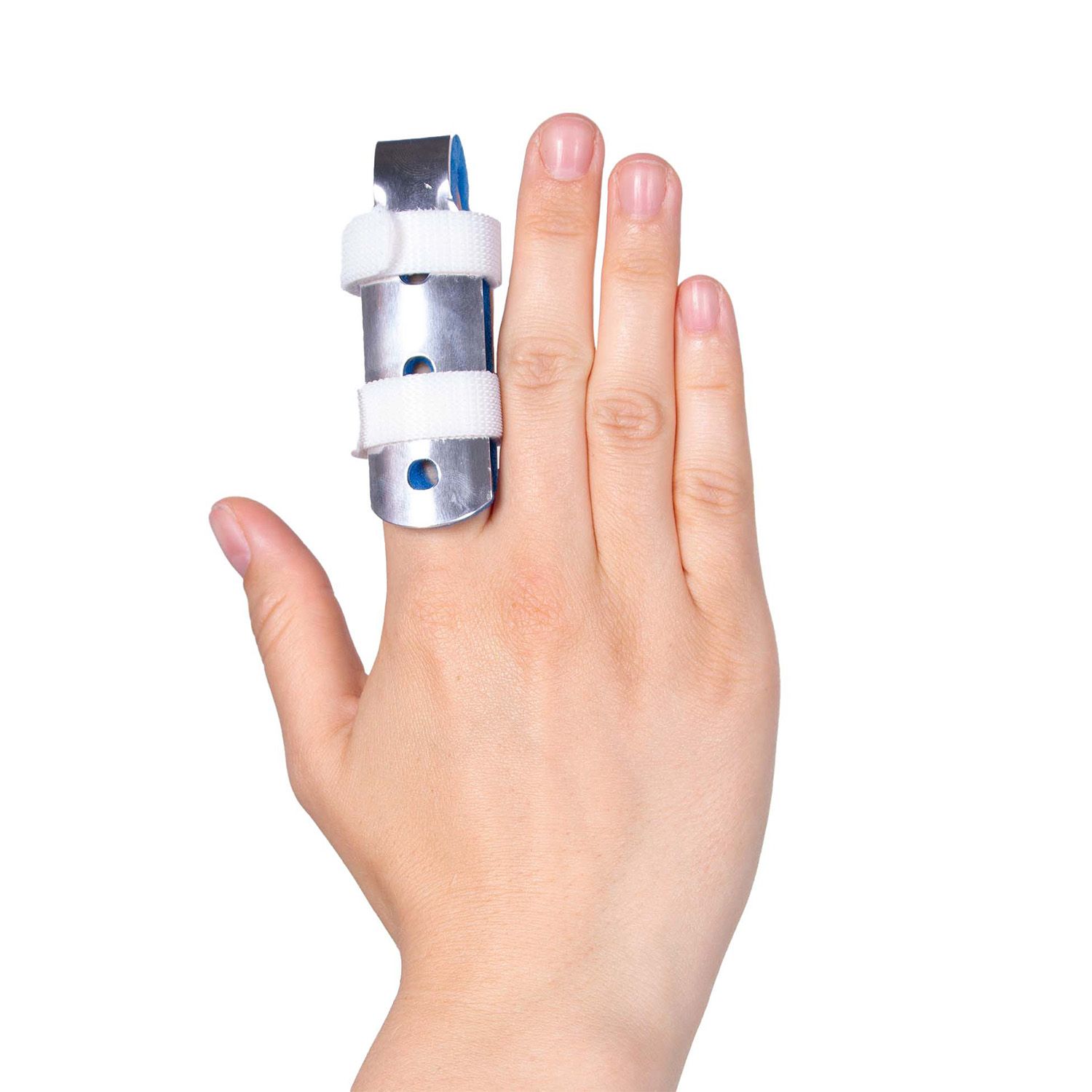 dunimed finger splint with strap worn by model around the right index finger with the other fingers up shown from above