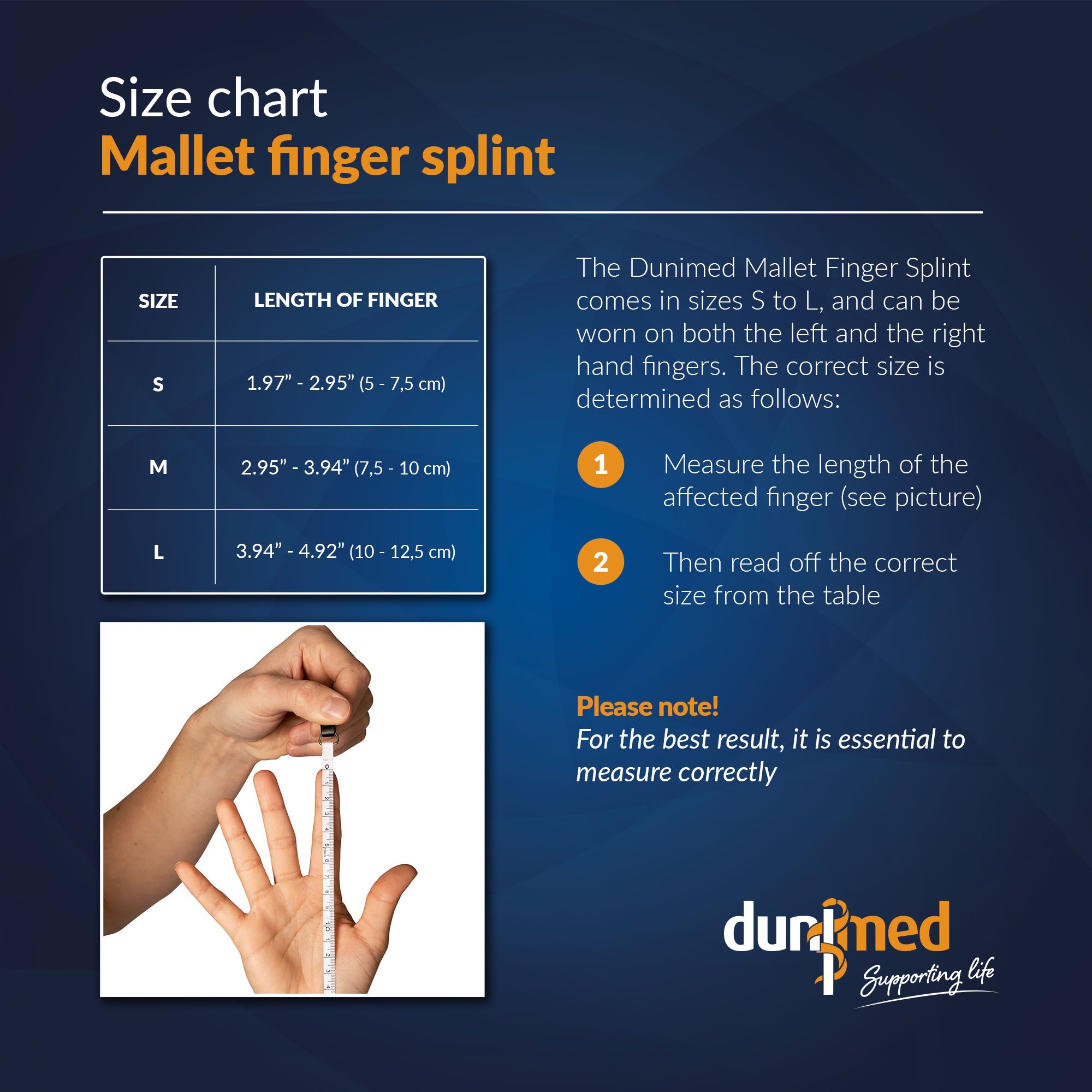 Size chart Mallet Finger Splint