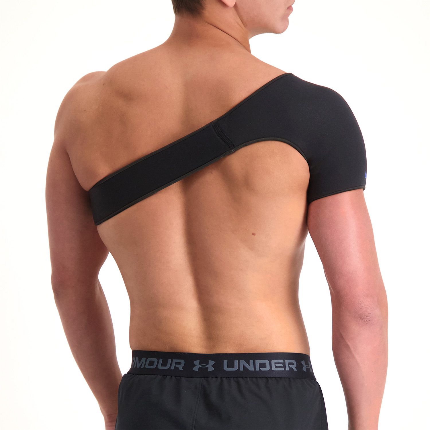 Back view of model wearing the Dunimed Shoulder Support around the right shoulder