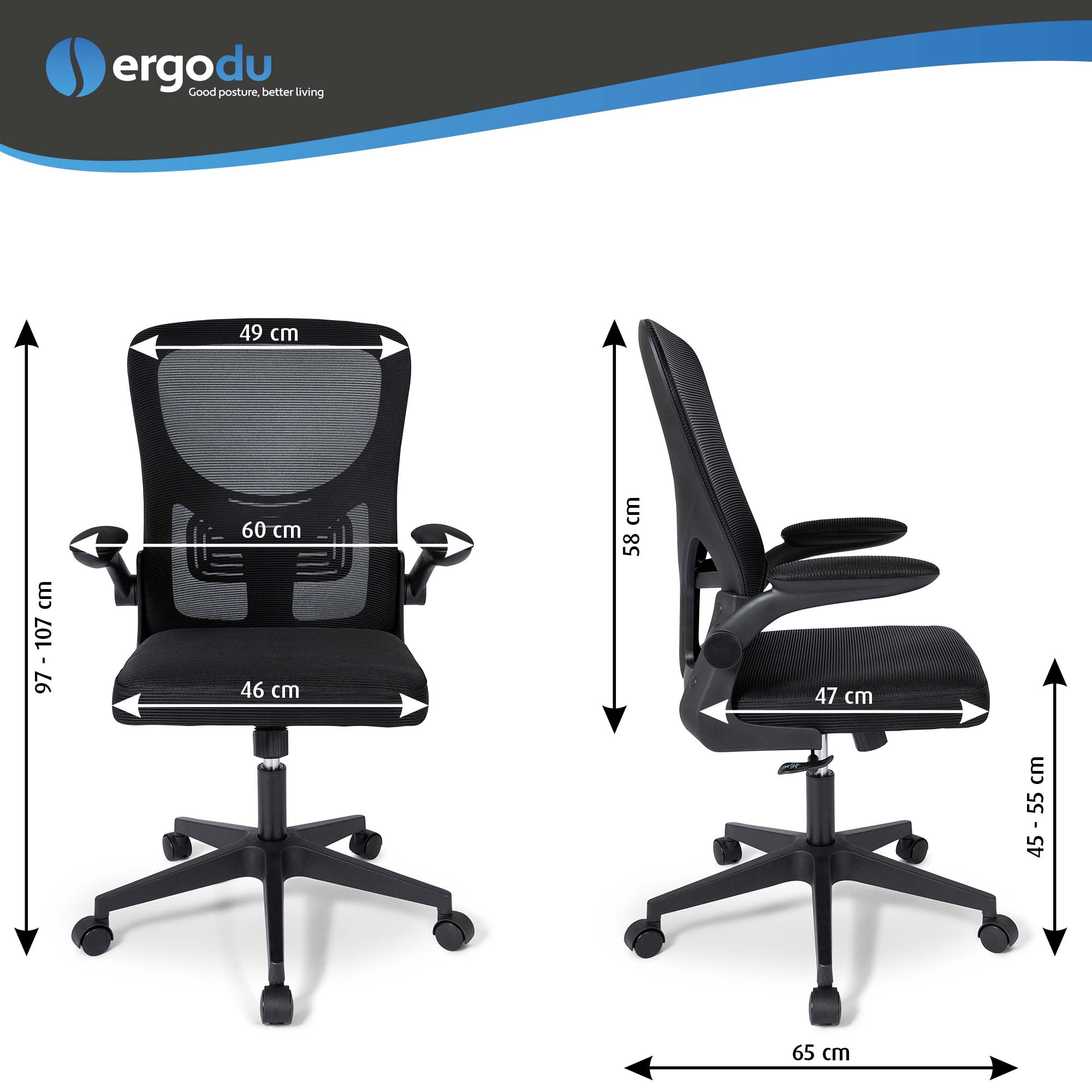 Ergodu Ergonomischer Bürostuhl mit klappbaren Armlehnen Größentabelle