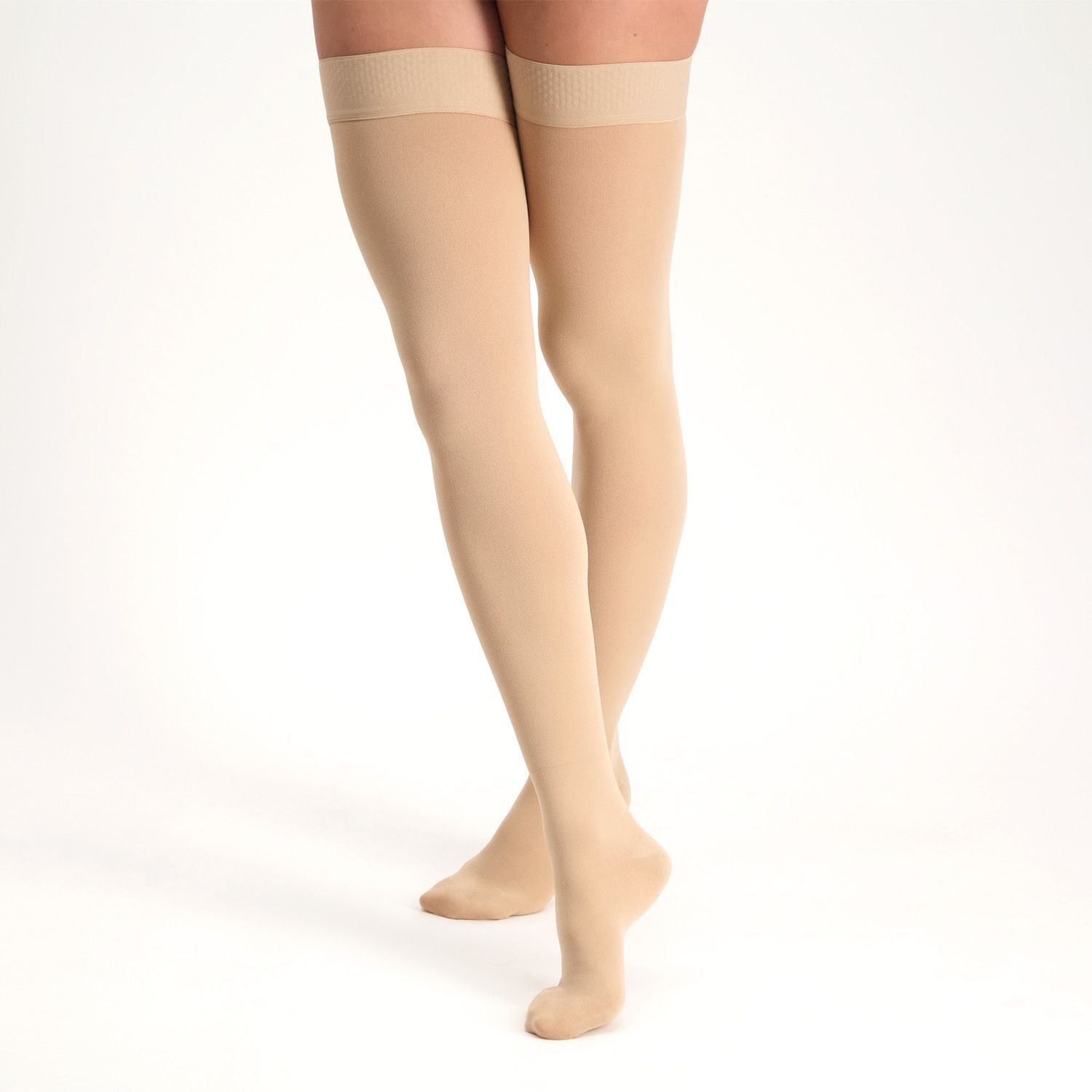 dunimed premium comfort compression stockings groin length closed toe worn by model