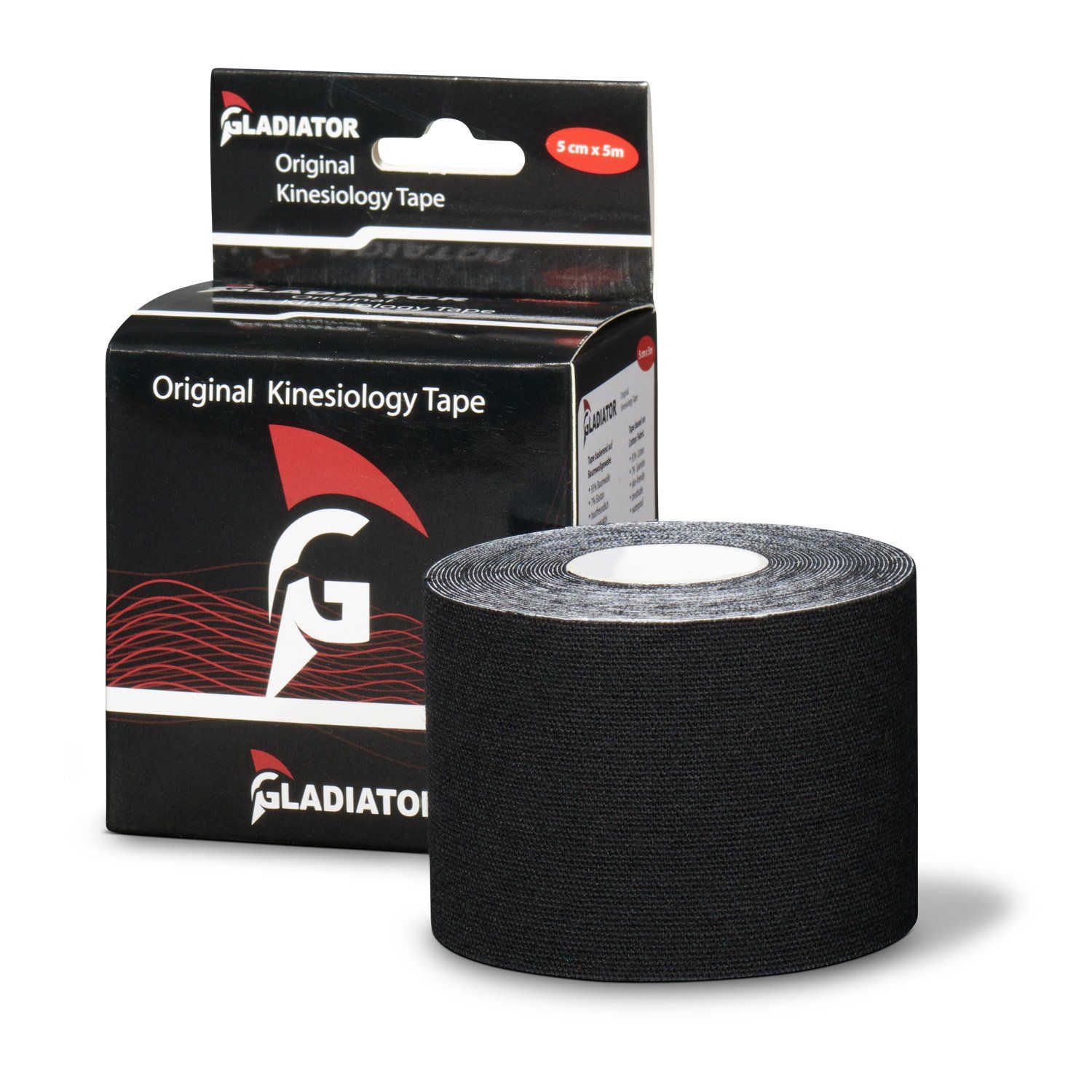 gladiator sports kinesiology tape per roll black roll showing in the front with the box packaging behind it