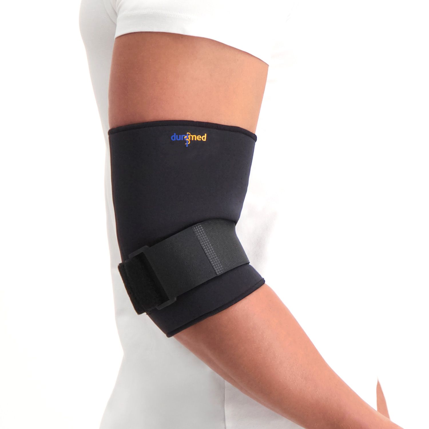 dunimed elbow support in black worn on the right arm side view