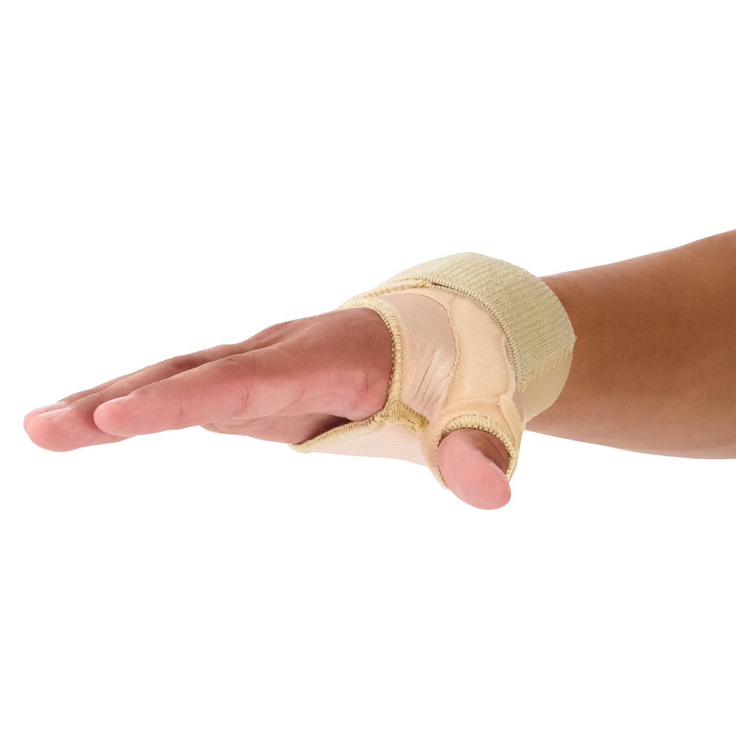 Medidu Thumb / Wrist Support in Beige worn around an outstretched hand