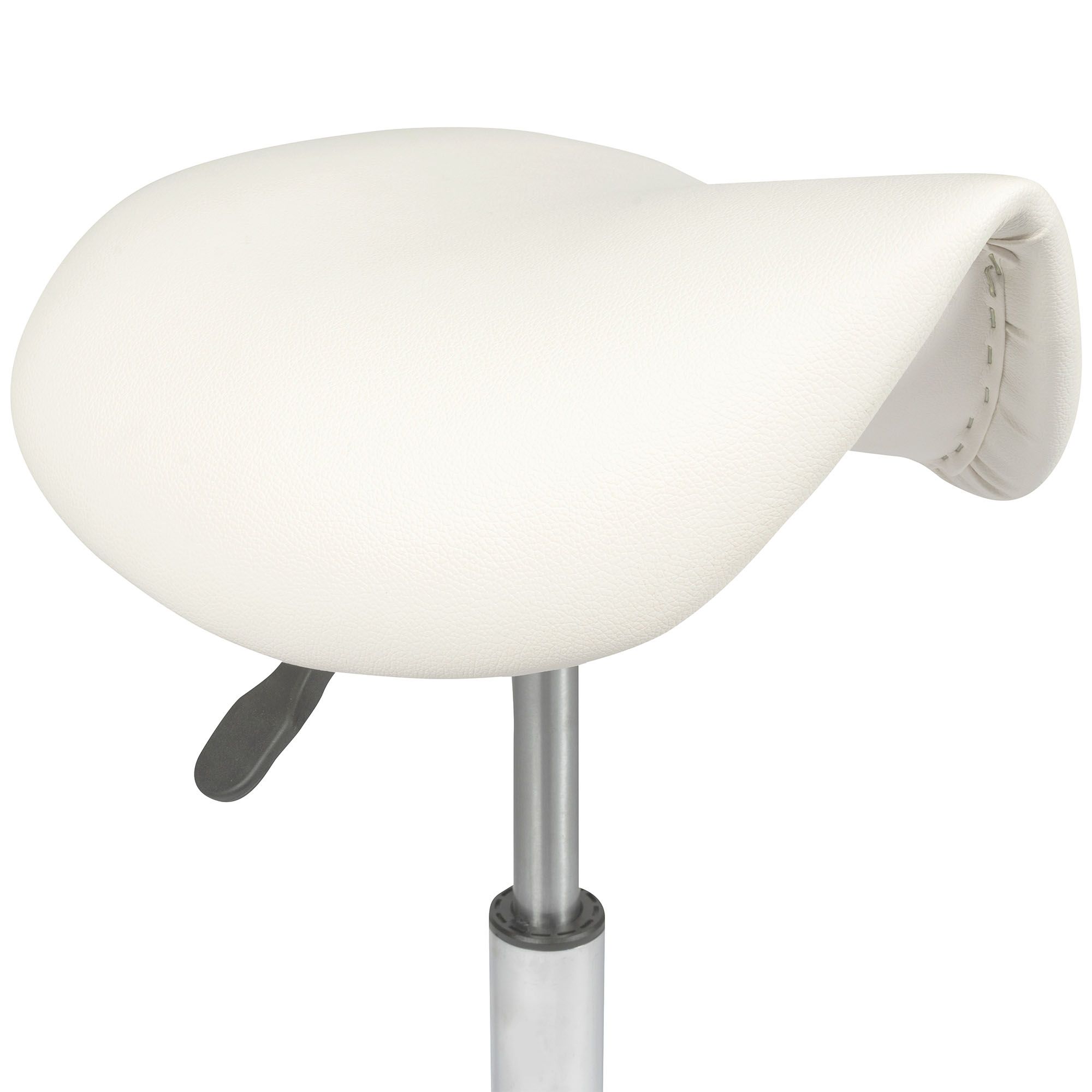 Close-up photo of the frontside of the seat of the Dunimed - Ergonomic Saddle Stool - White