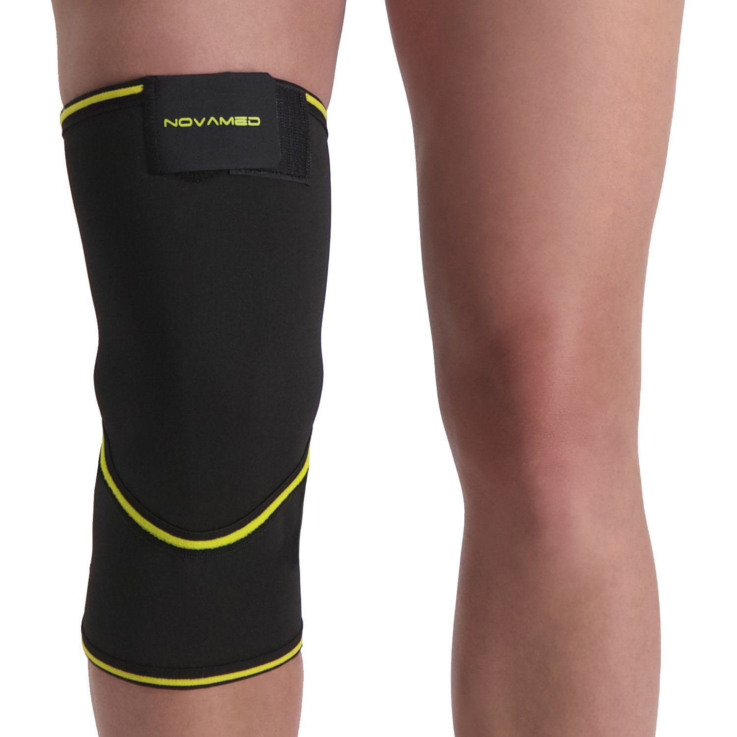 Front view of model wearing the Novamed Closed Patella Knee Support around the right knee