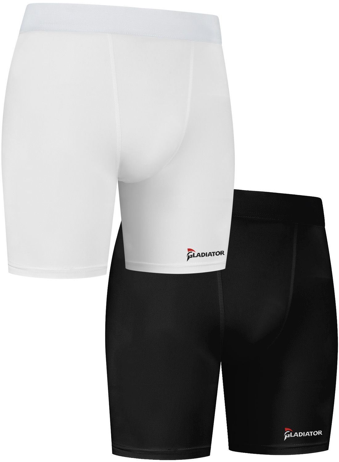 black and white shorts white above and black below of the gladiator sports mens compression shorts