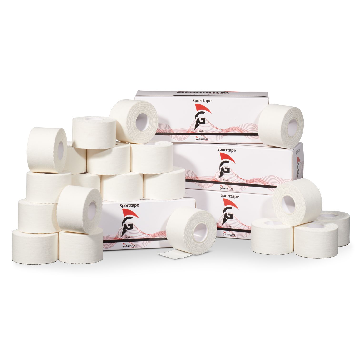 Gladiator Sports - Sports Tape (10 rolls) unpacked with packaging behind it