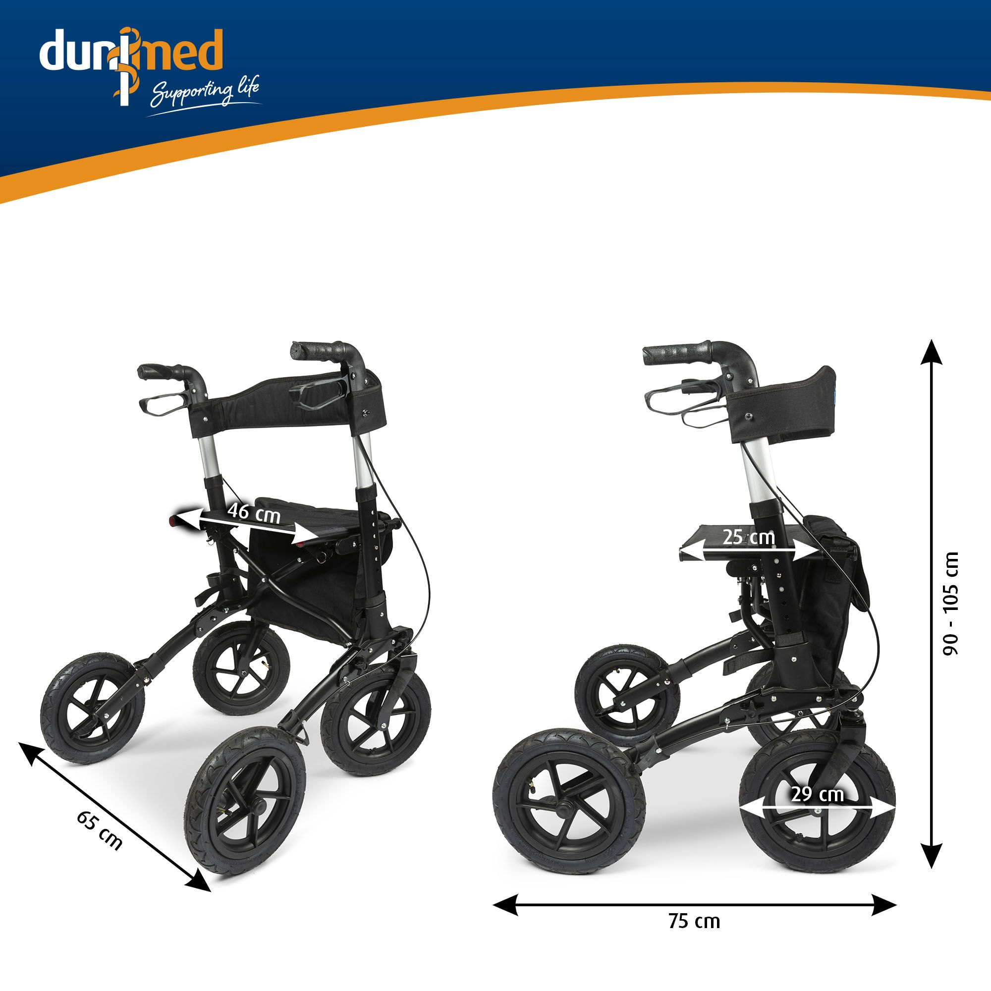 Dunimed Outdoor Rollator mit großen Luftreifen Größentabelle