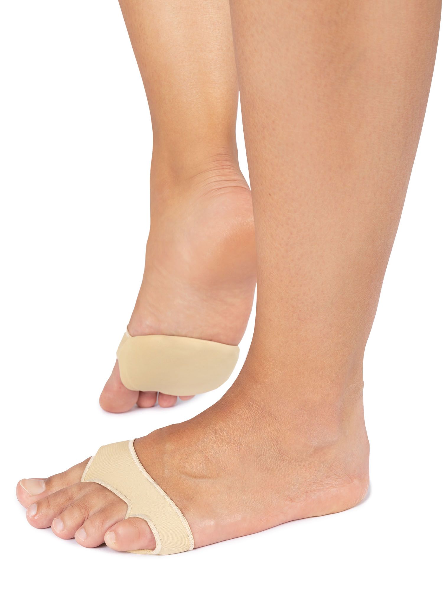 Left side view of model wearing the Solelution Metatarsal Pads