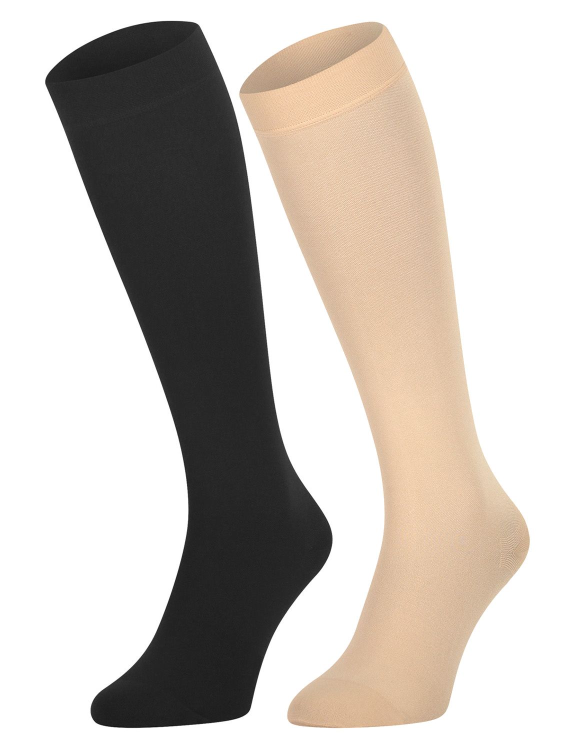 dunimed premium comfort compression stockings short closed toe shown in black on the left and beige on the right