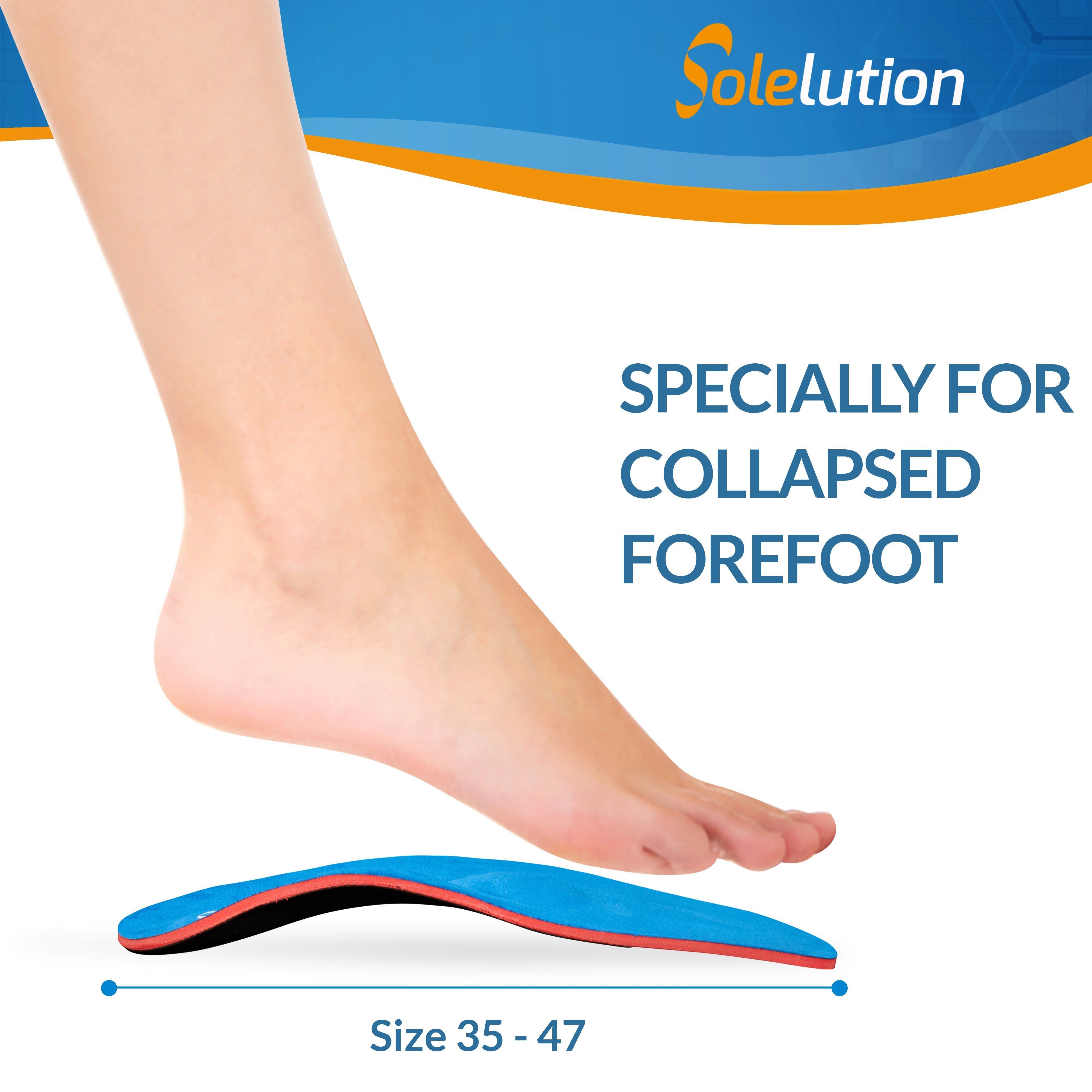 minimum maximum size is being shown with a special feature of the solelution arch collapsed foot insoles