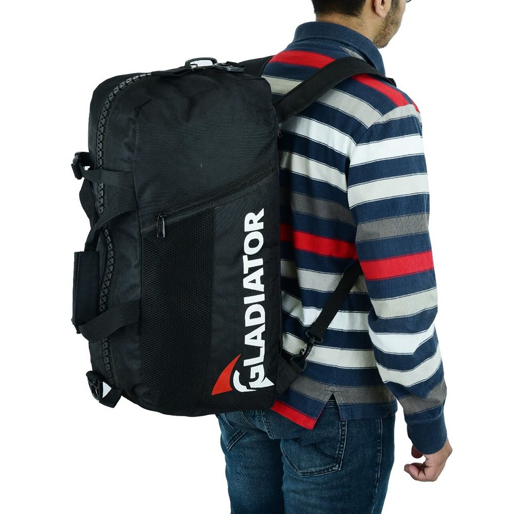 gladiator sports gym bag worn over both shoulders by male model